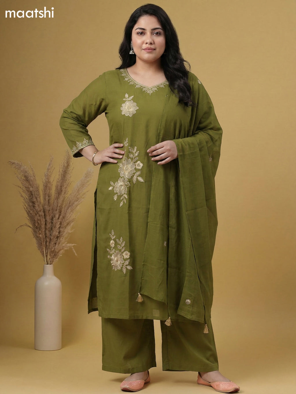 Green Cotton Embroidery Work Straight Suit