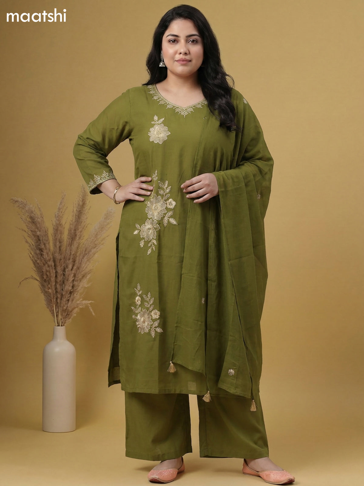 Green Cotton Embroidery Work Straight Suit