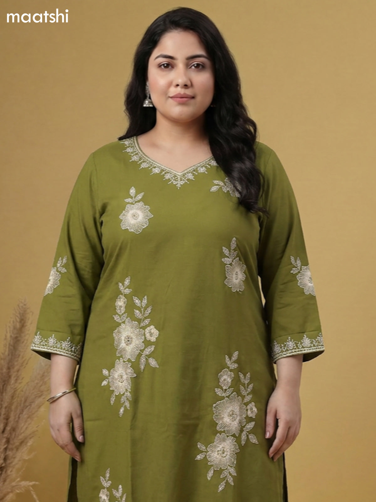 Green Cotton Embroidery Work Straight Suit