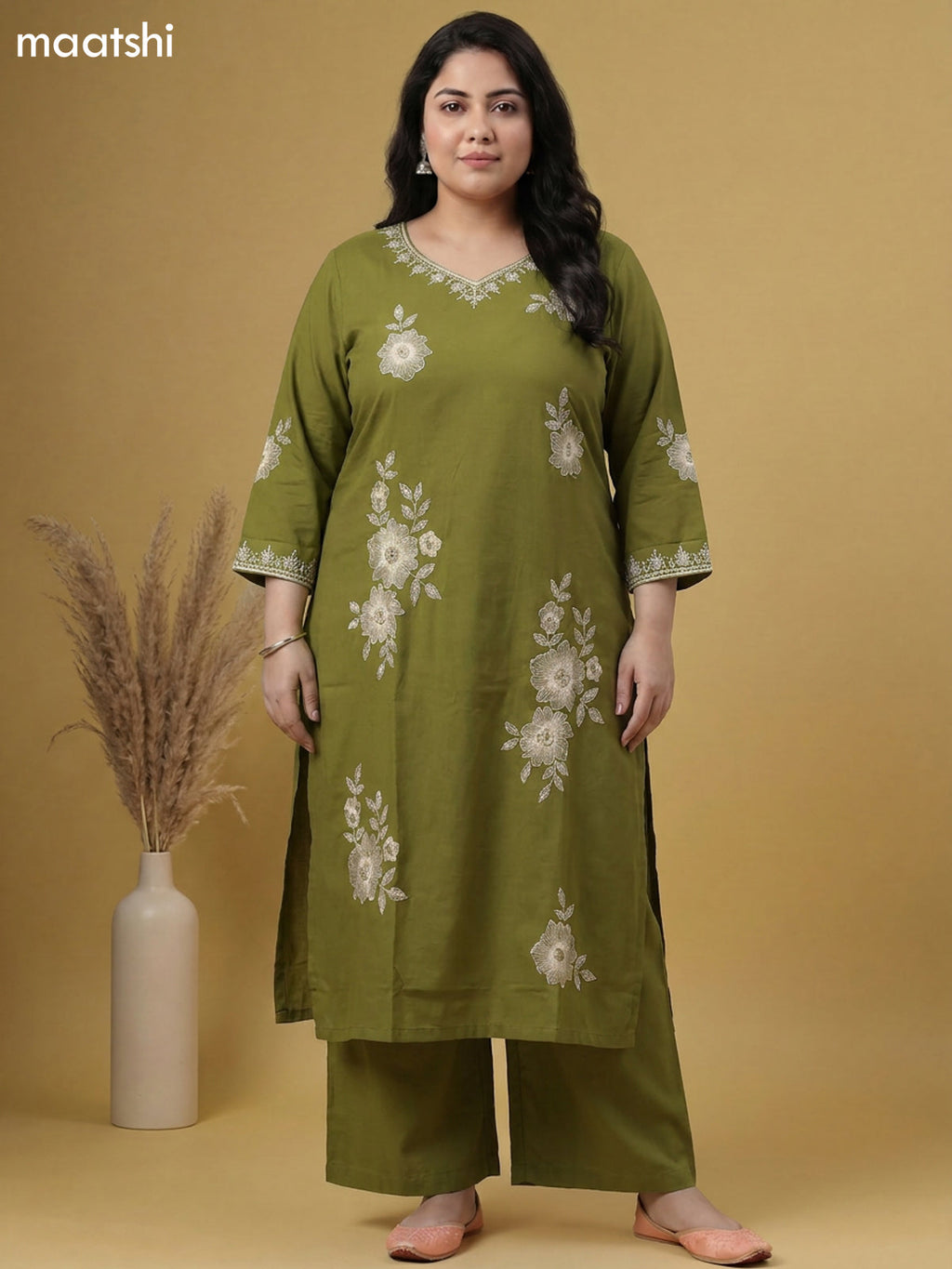 Green Cotton Embroidery Work Straight Suit