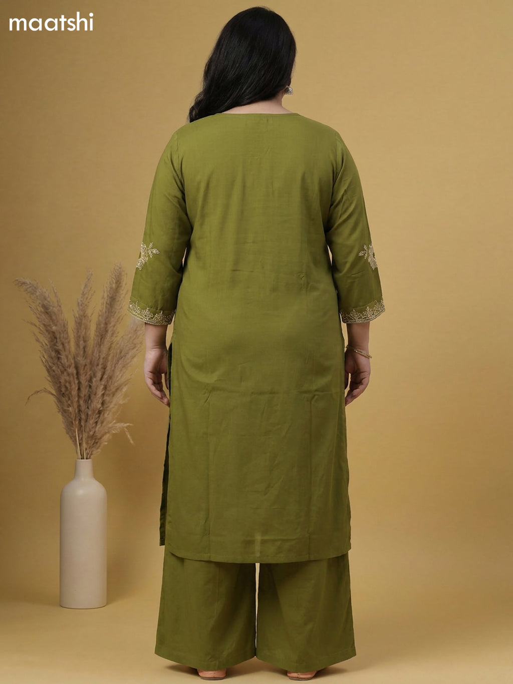 Green Cotton Embroidery Work Straight Suit