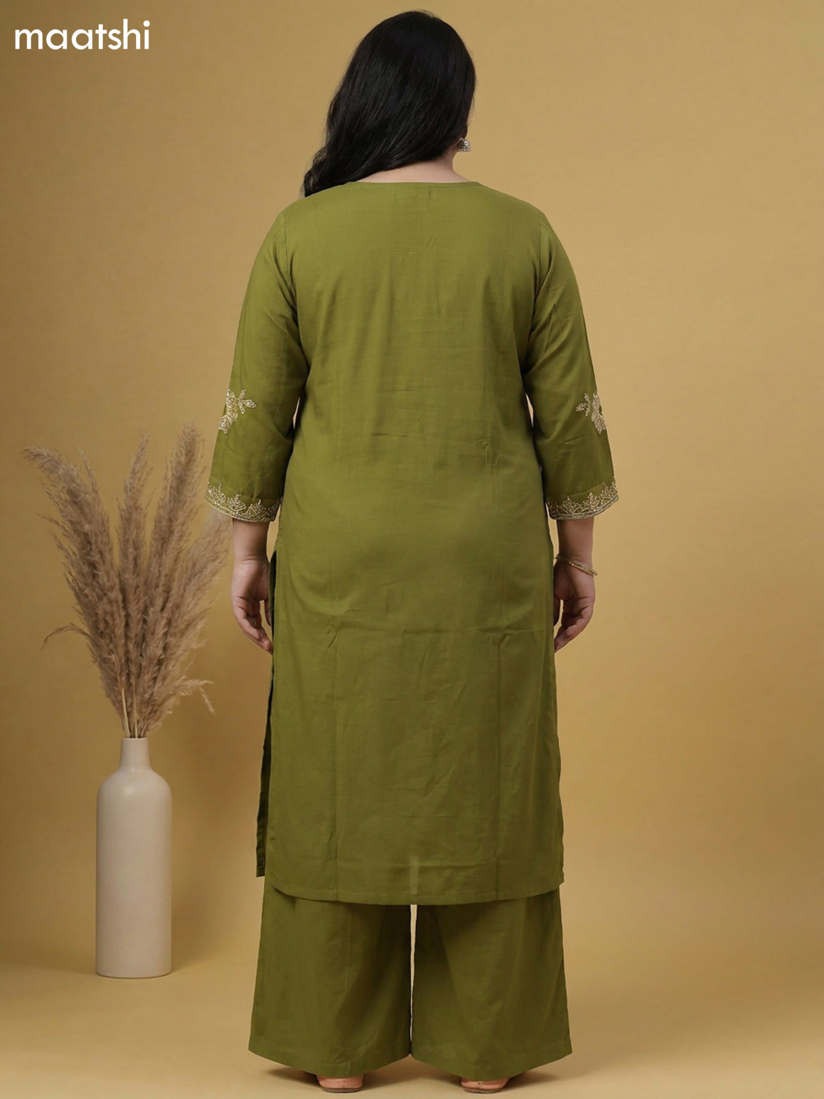 Green Cotton Embroidery Work Straight Suit