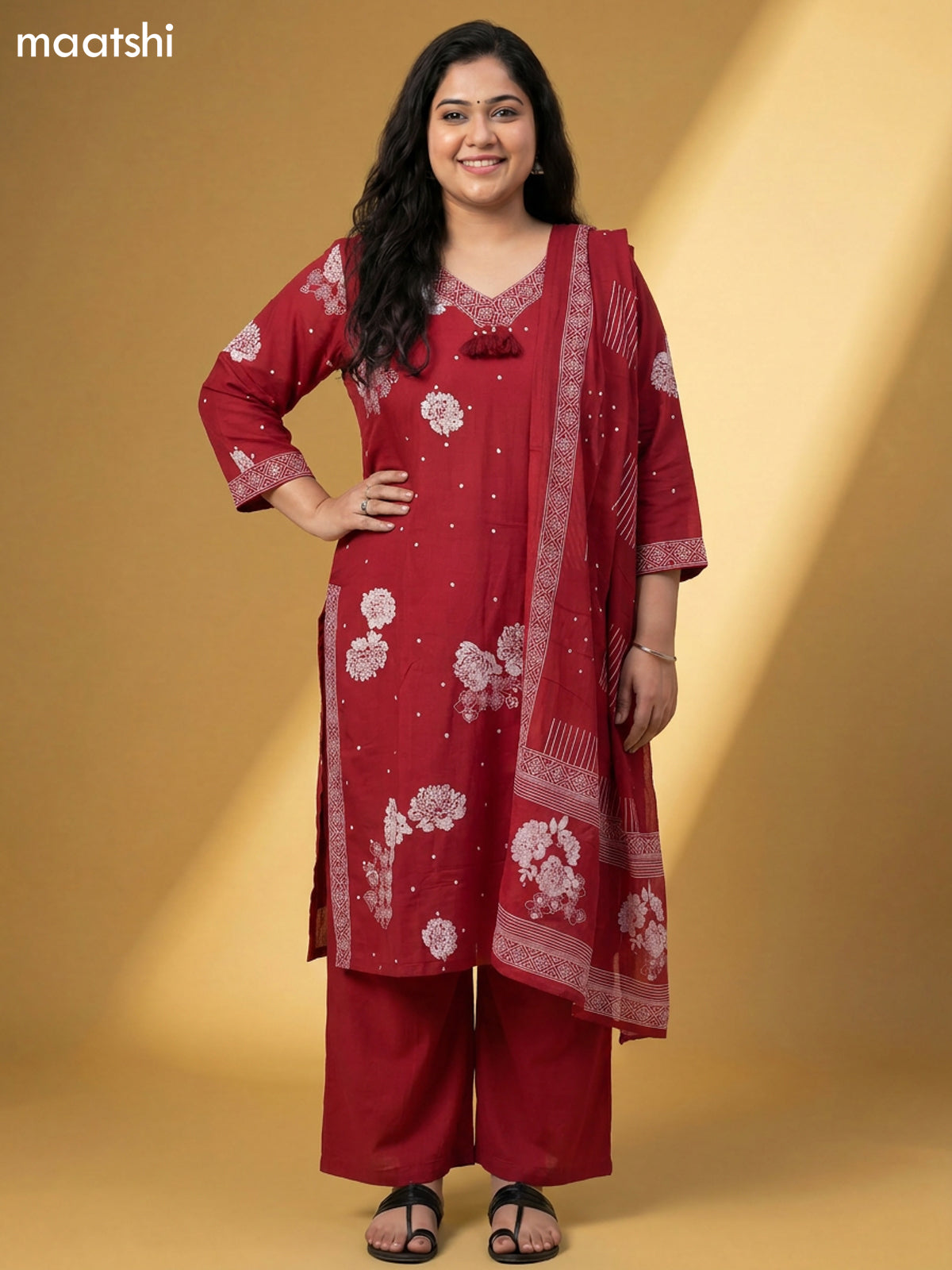 Maroon Cotton Floral Printed and Embroidery Work Straight Suit