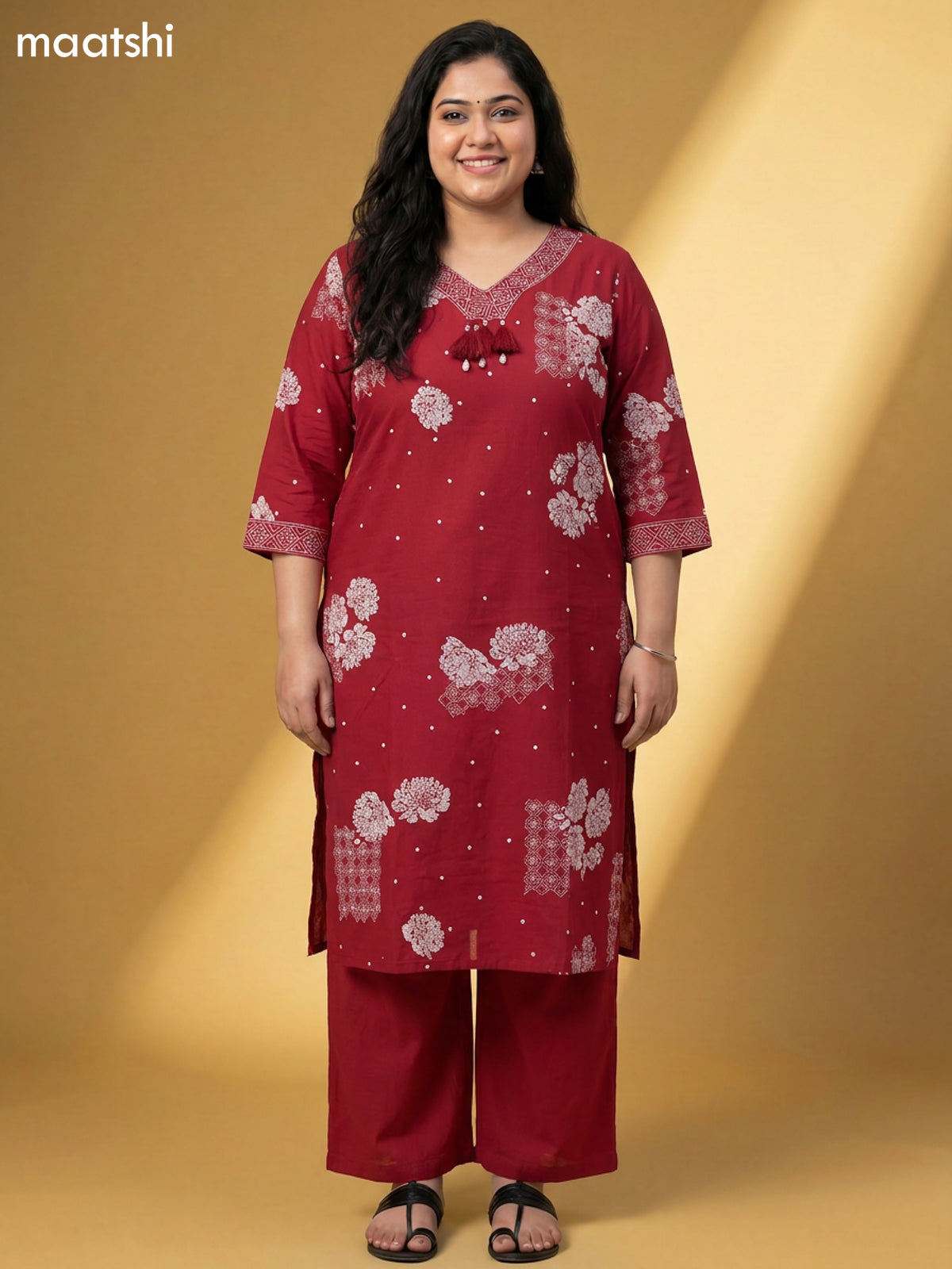 Maroon Cotton Floral Printed and Embroidery Work Straight Suit