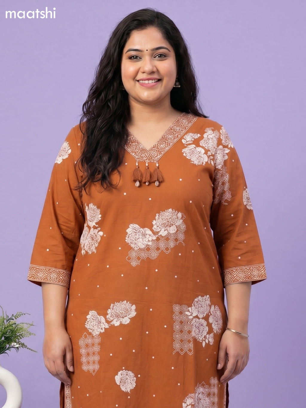 Rustic Orange Cotton Floral Printed and Embroidery Work Straight Suit