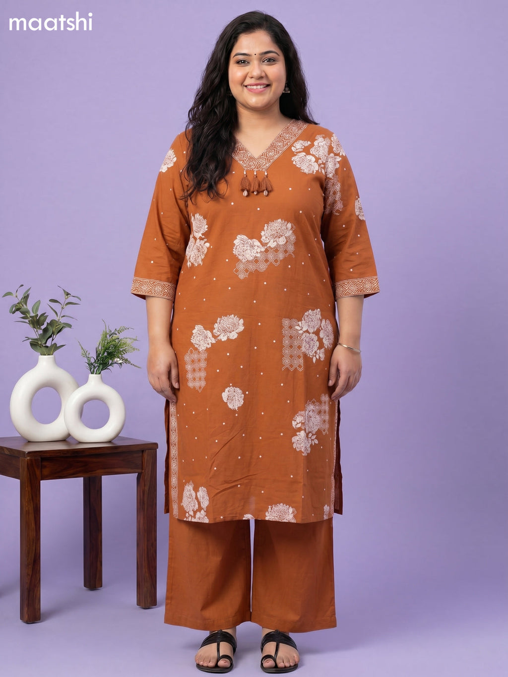 Rustic Orange Cotton Floral Printed and Embroidery Work Straight Suit