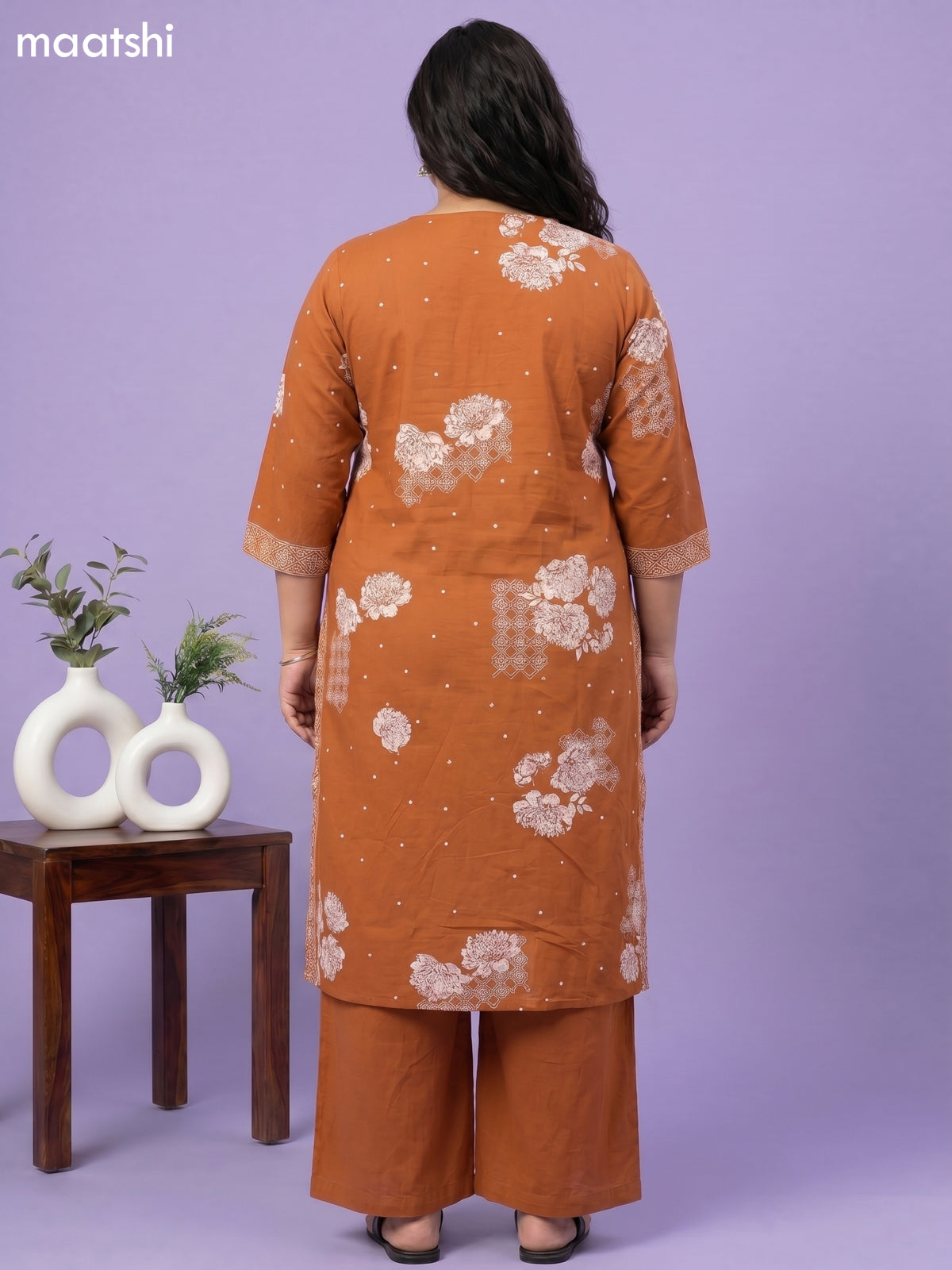 Rustic Orange Cotton Floral Printed and Embroidery Work Straight Suit