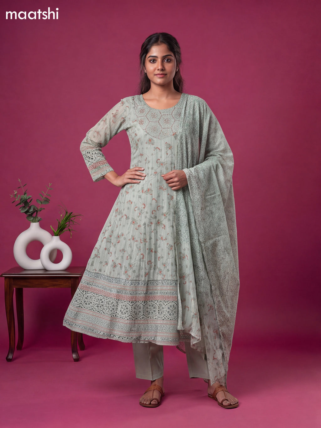 Pastel Green Cotton Printed & Embroidery Work Anarkali Suit