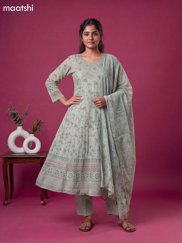 Pastel Green Cotton Printed & Embroidery Work Anarkali Suit