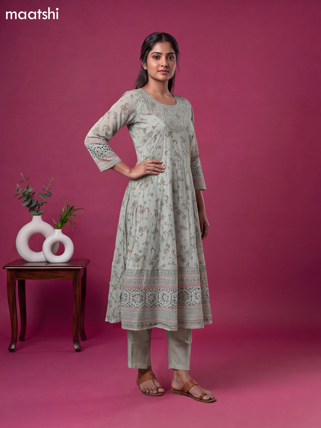 Pastel Green Cotton Printed & Embroidery Work Anarkali Suit