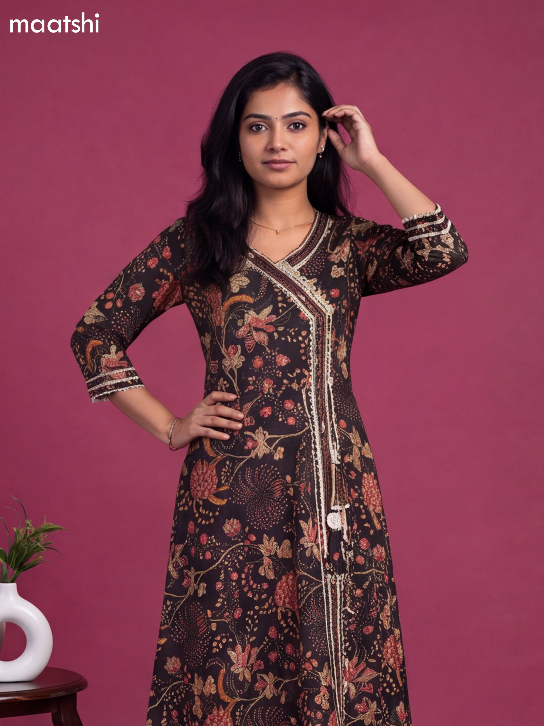 Black Cotton Kalamkari Printed & Embroidery Work Anarkali Suit
