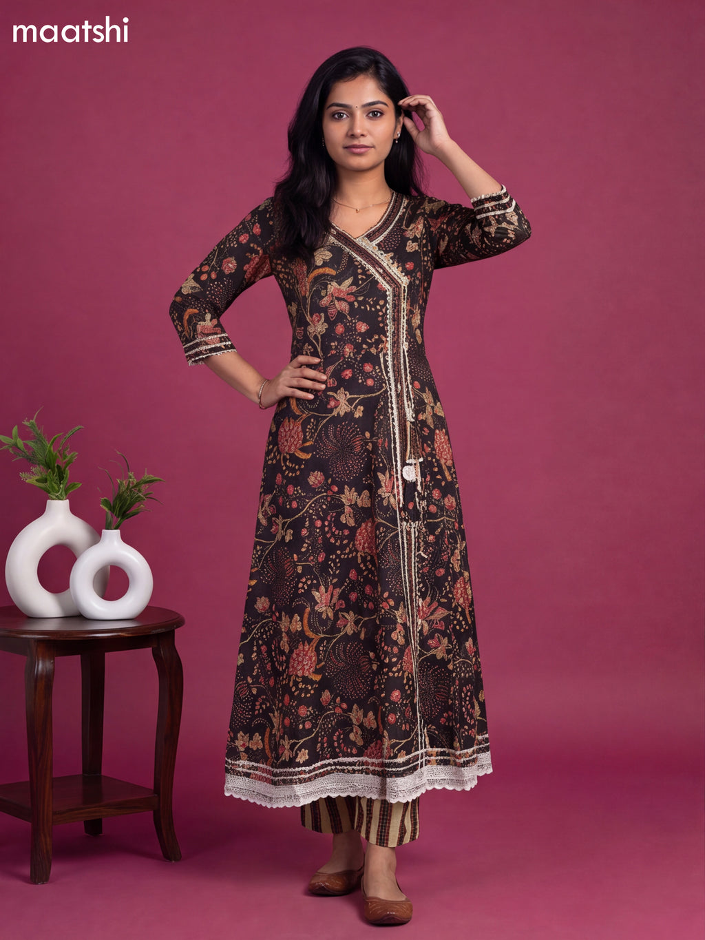 Black Cotton Kalamkari Printed & Embroidery Work Anarkali Suit