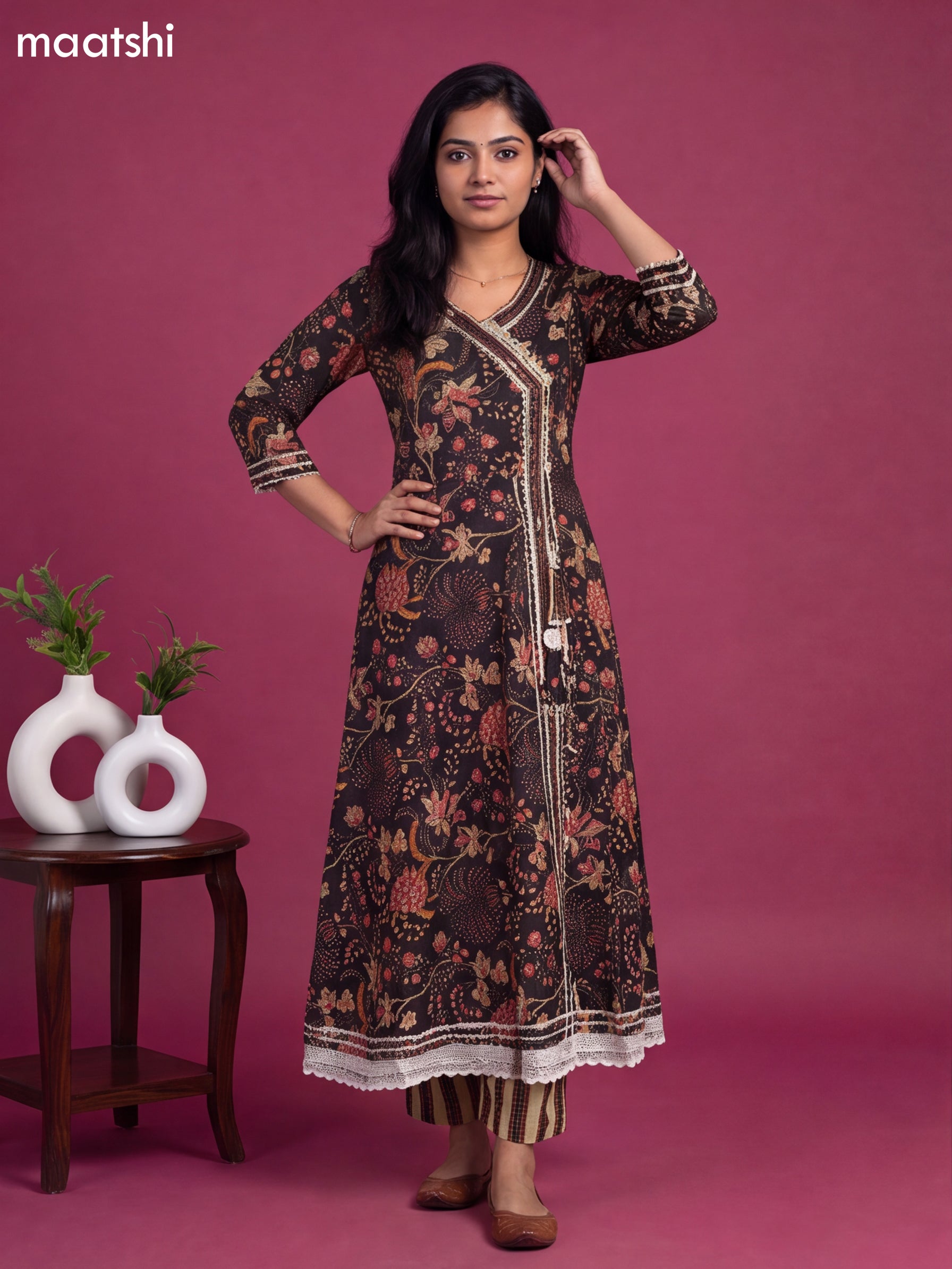 Black Cotton Kalamkari Printed & Embroidery Work Anarkali Suit