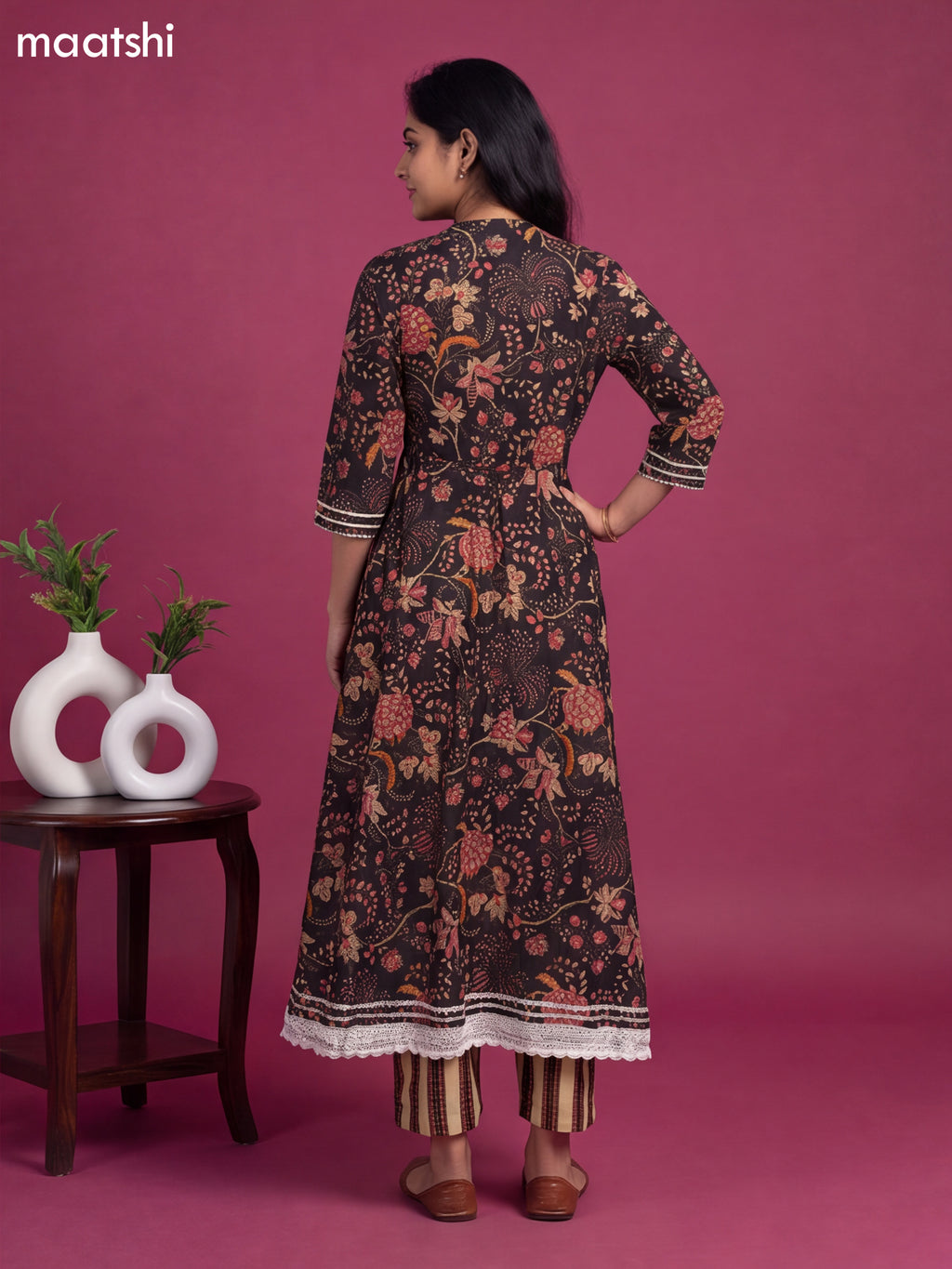 Black Cotton Kalamkari Printed & Embroidery Work Anarkali Suit