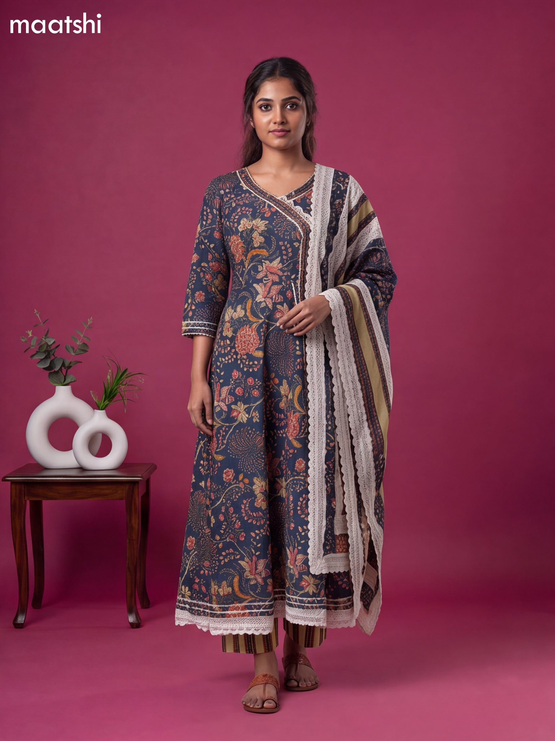 Blue Cotton Kalamkari Printed & Embroidery Work Anarkali Suit