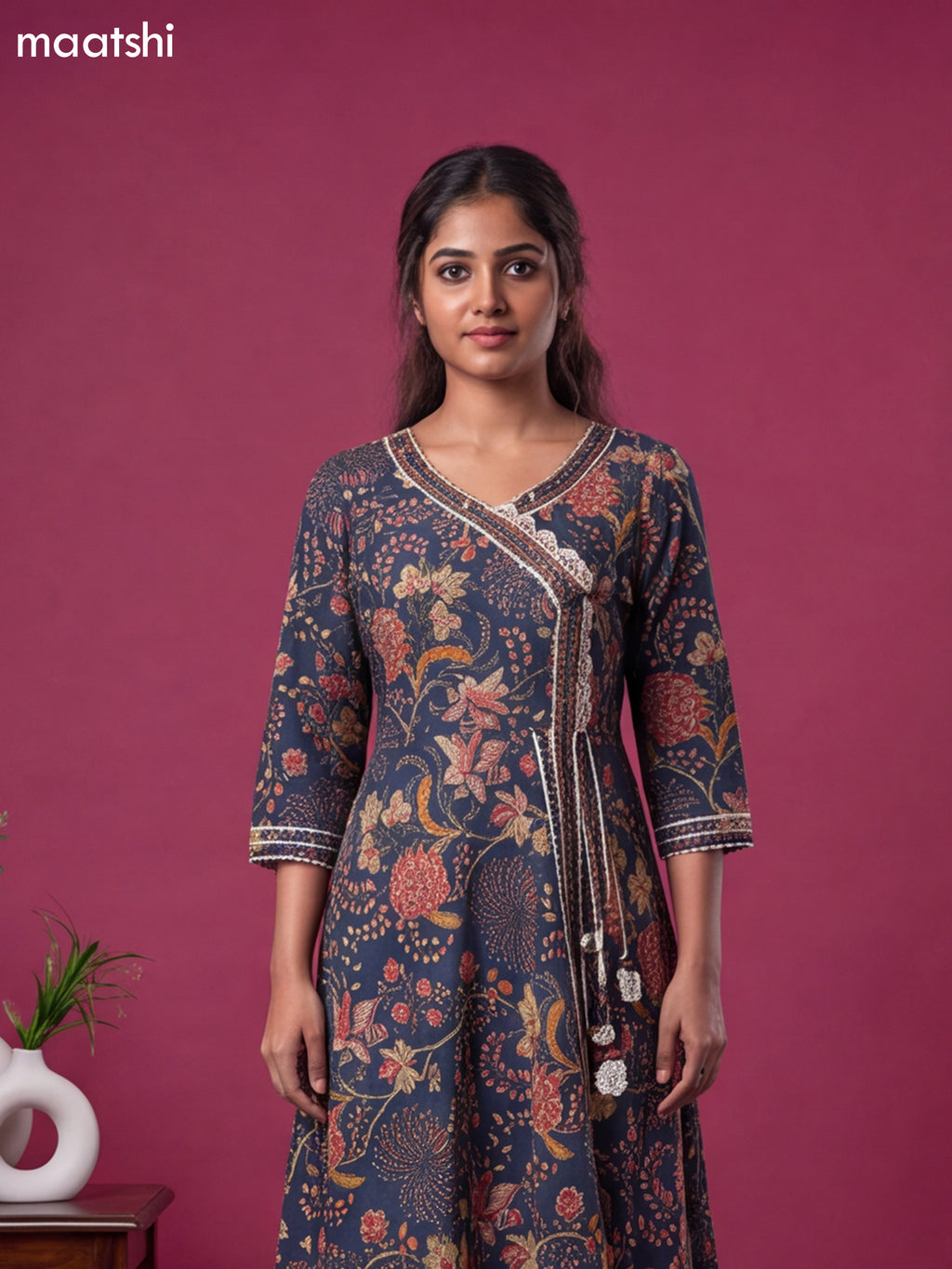 Blue Cotton Kalamkari Printed & Embroidery Work Anarkali Suit