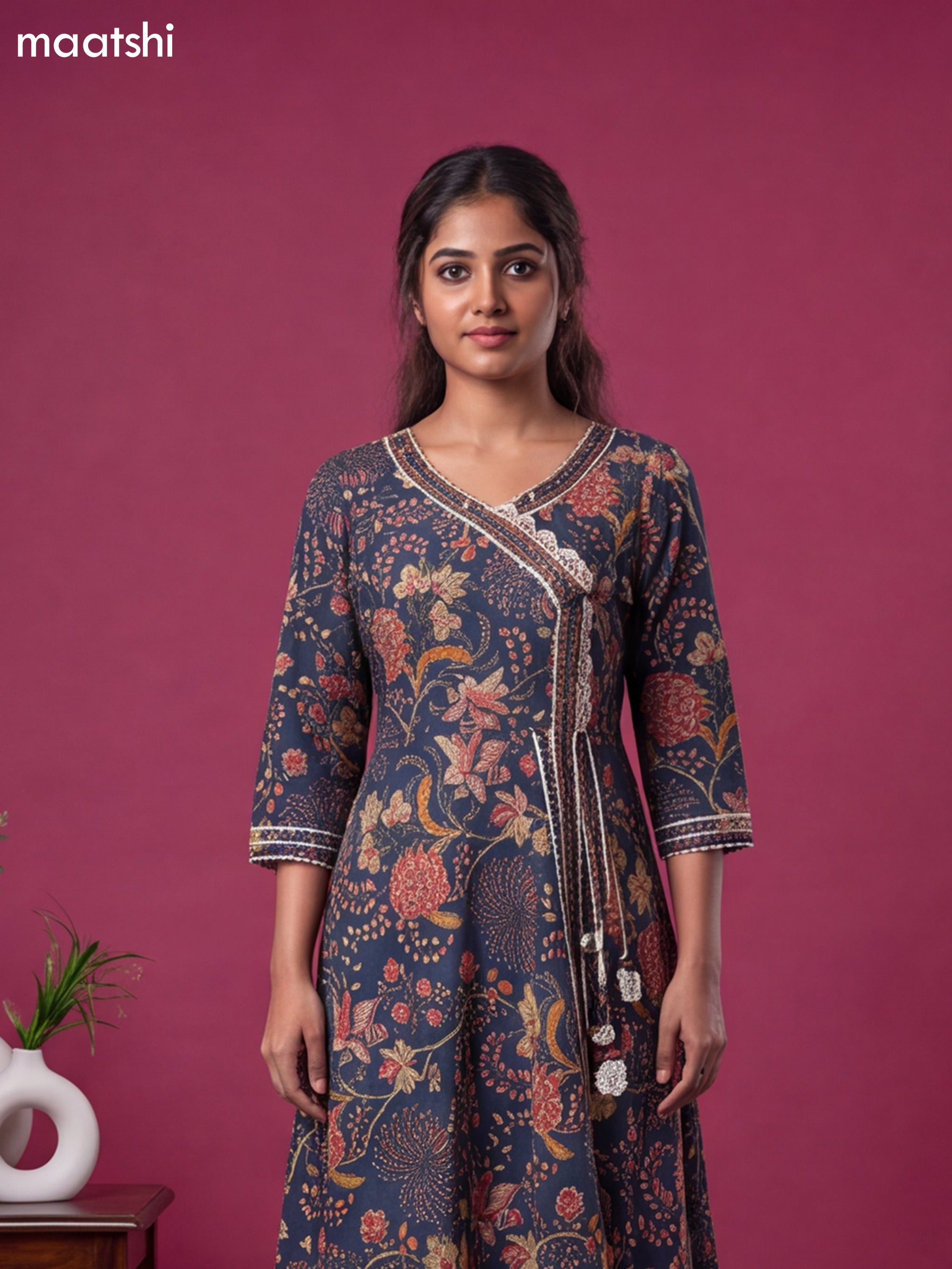 Blue Cotton Kalamkari Printed & Embroidery Work Anarkali Suit
