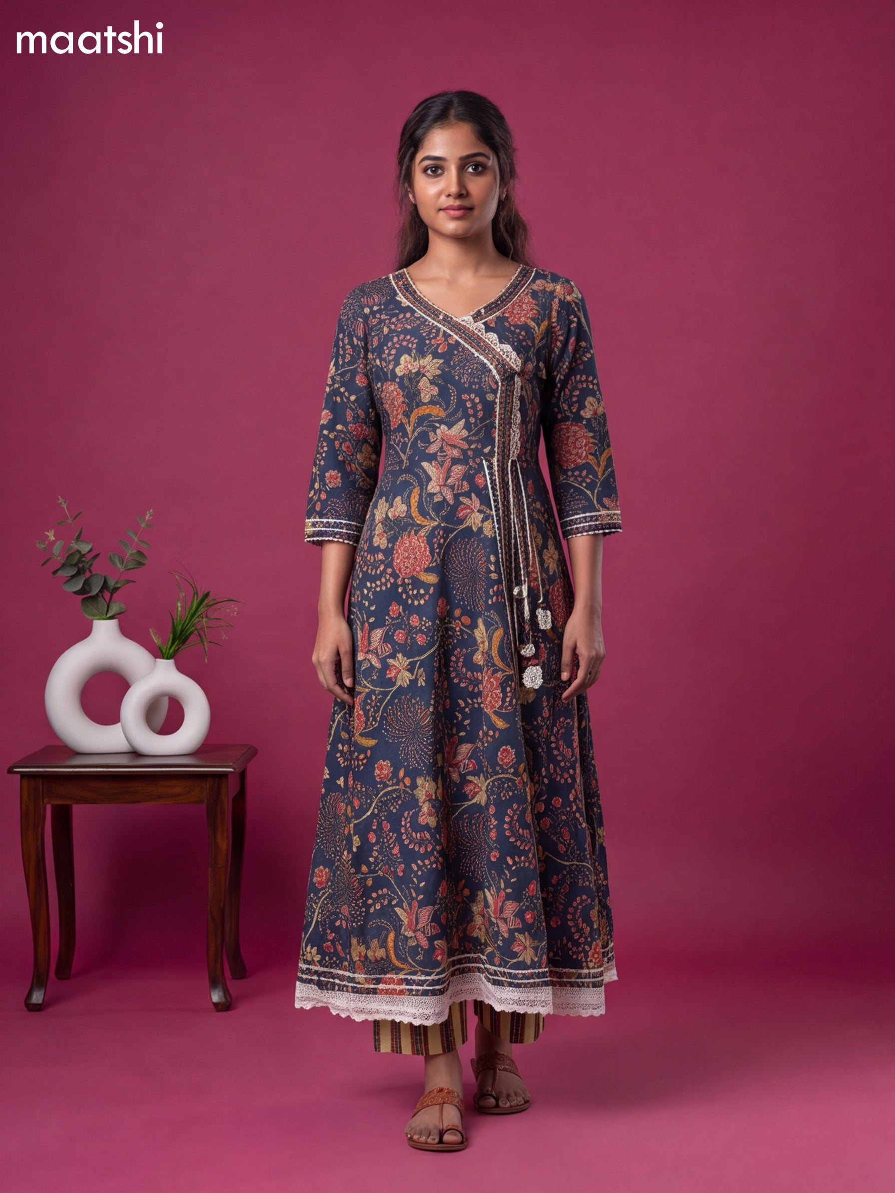 Blue Cotton Kalamkari Printed & Embroidery Work Anarkali Suit