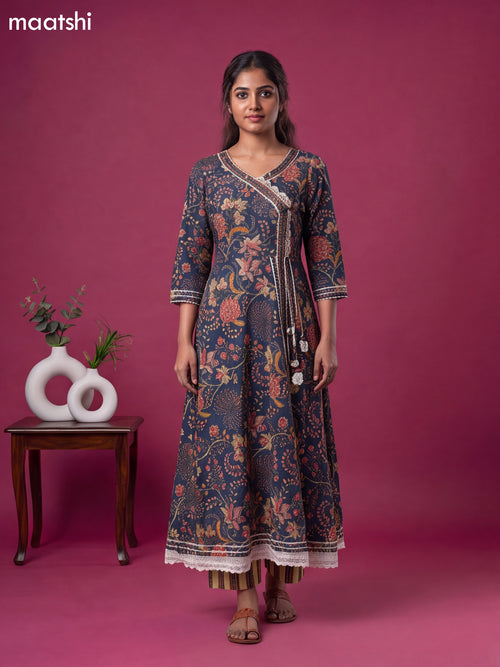 Blue Cotton Kalamkari Printed & Embroidery Work Anarkali Suit