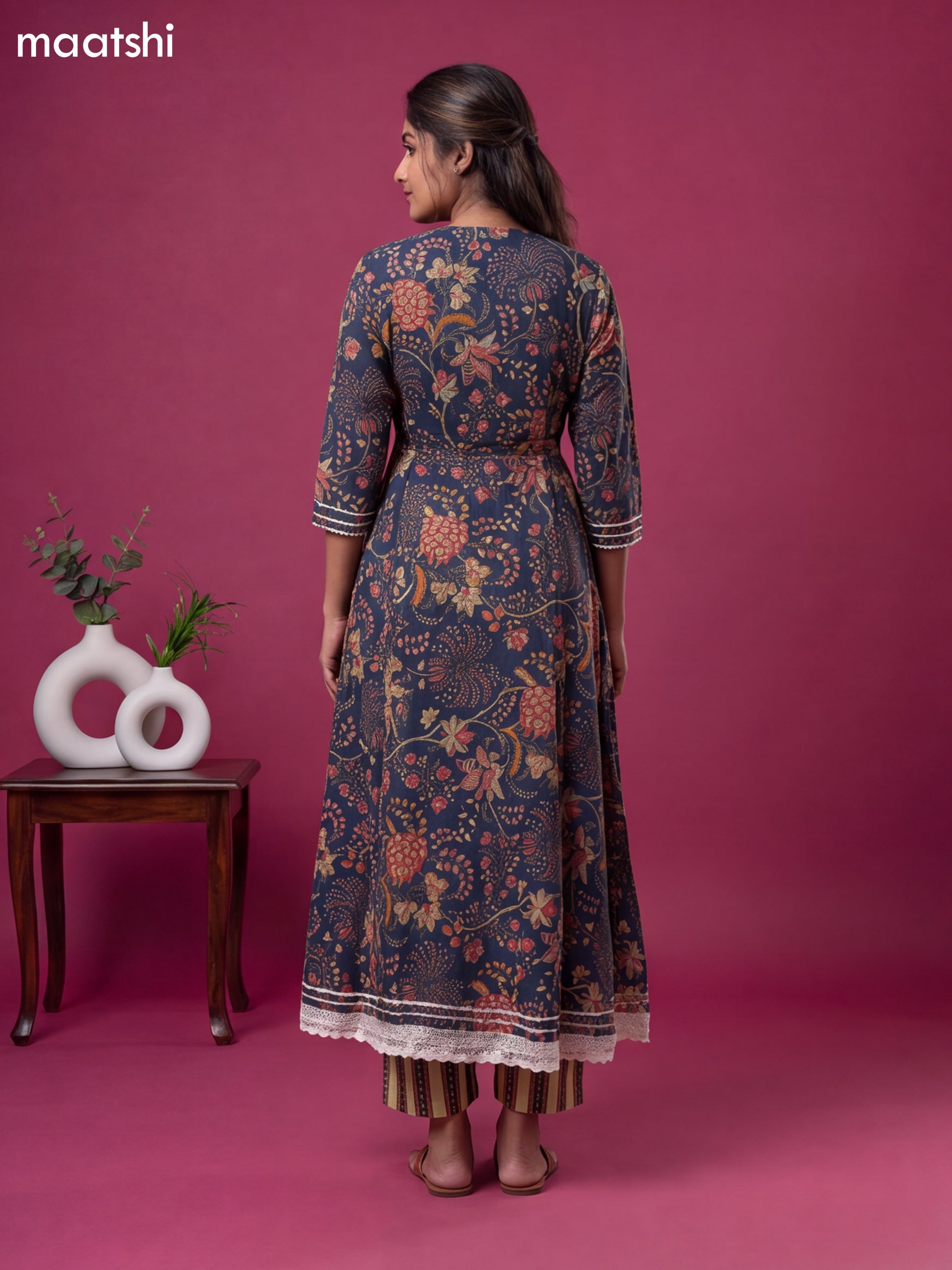 Blue Cotton Kalamkari Printed & Embroidery Work Anarkali Suit