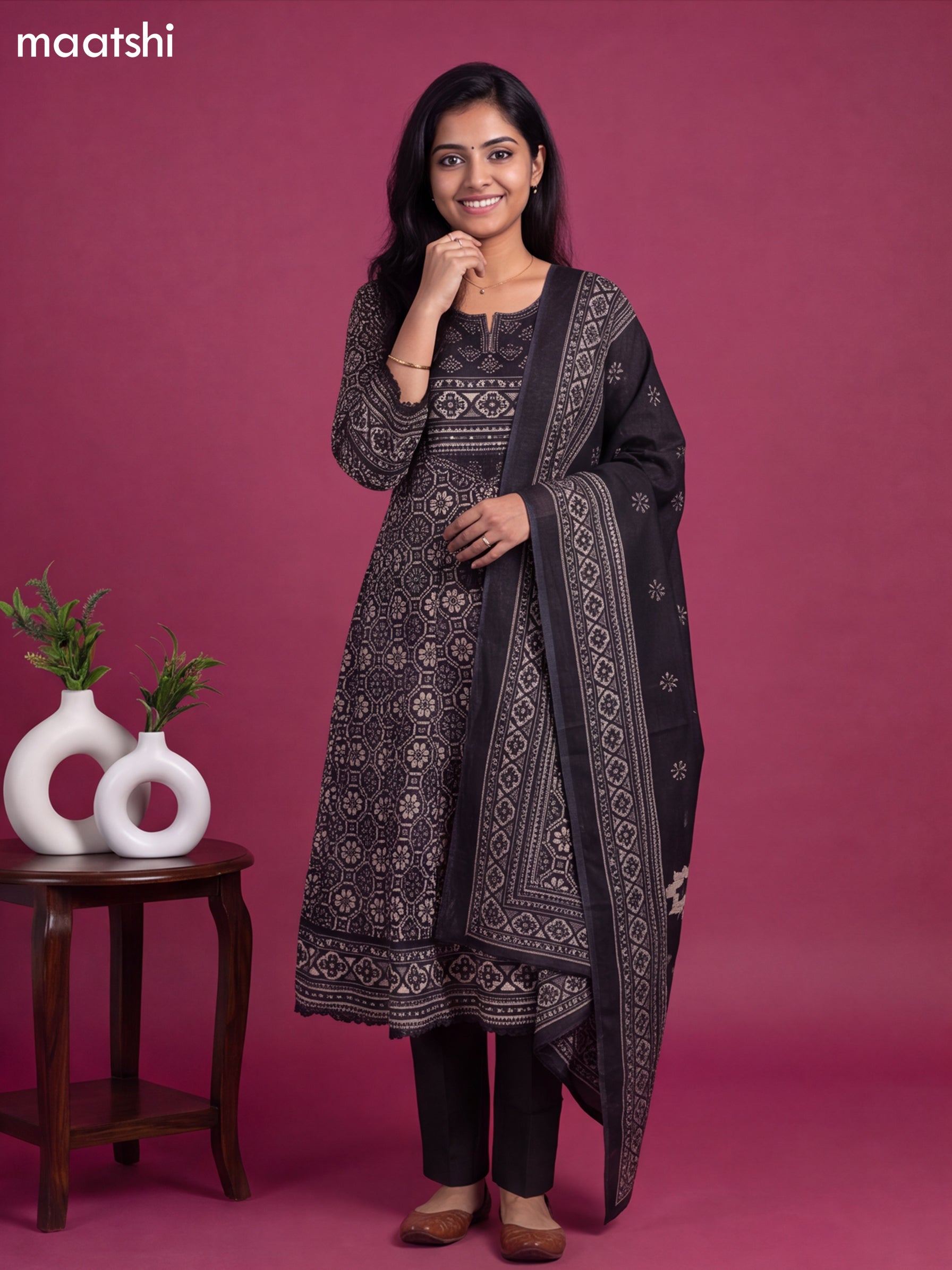 Black Cotton Patola Printed & Simple Embroidery Work Anarkali Suit