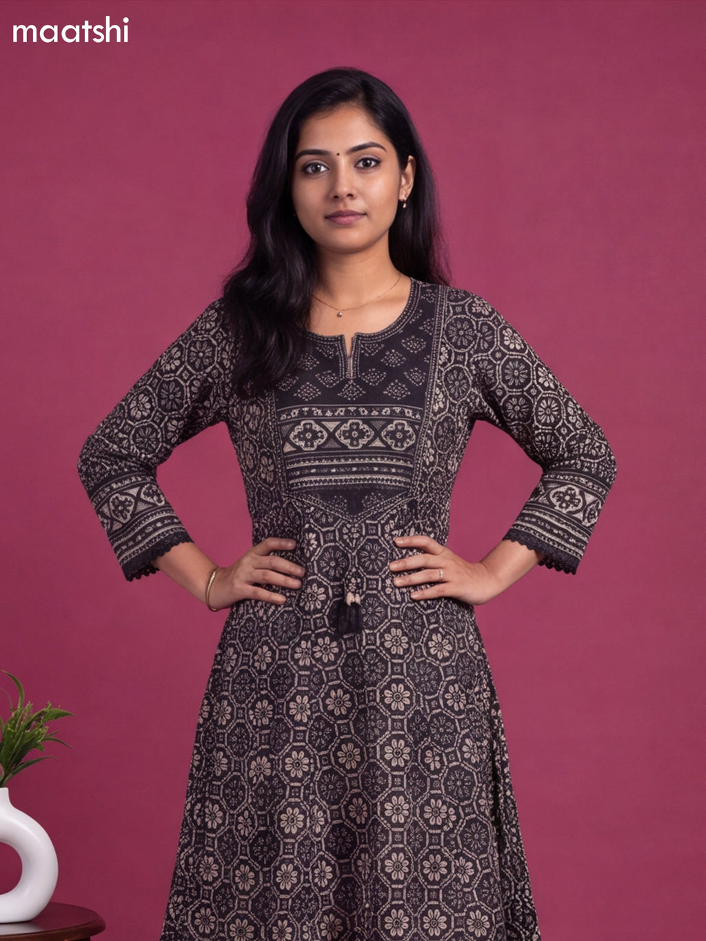 Black Cotton Patola Printed & Simple Embroidery Work Anarkali Suit