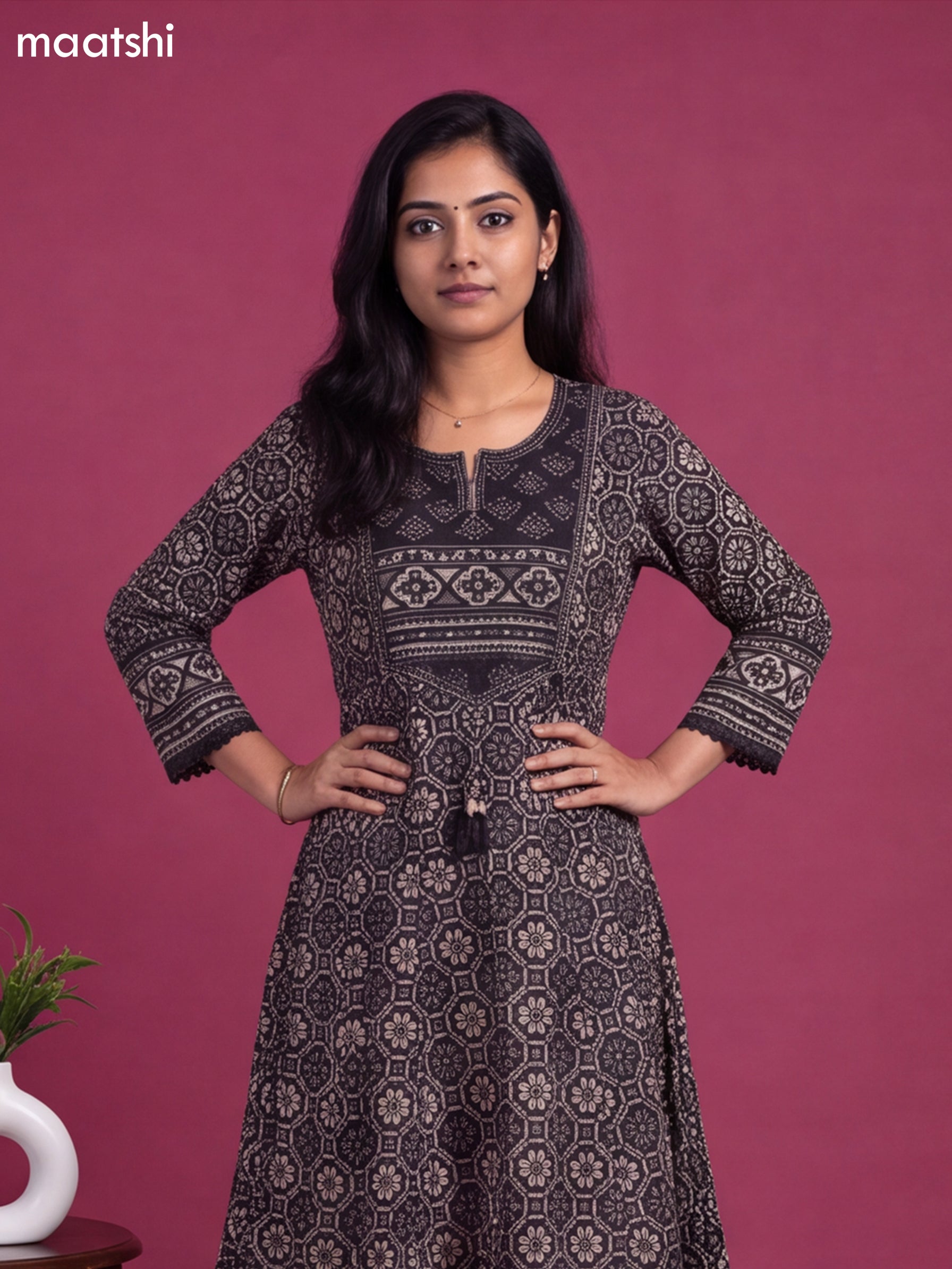 Black Cotton Patola Printed & Simple Embroidery Work Anarkali Suit