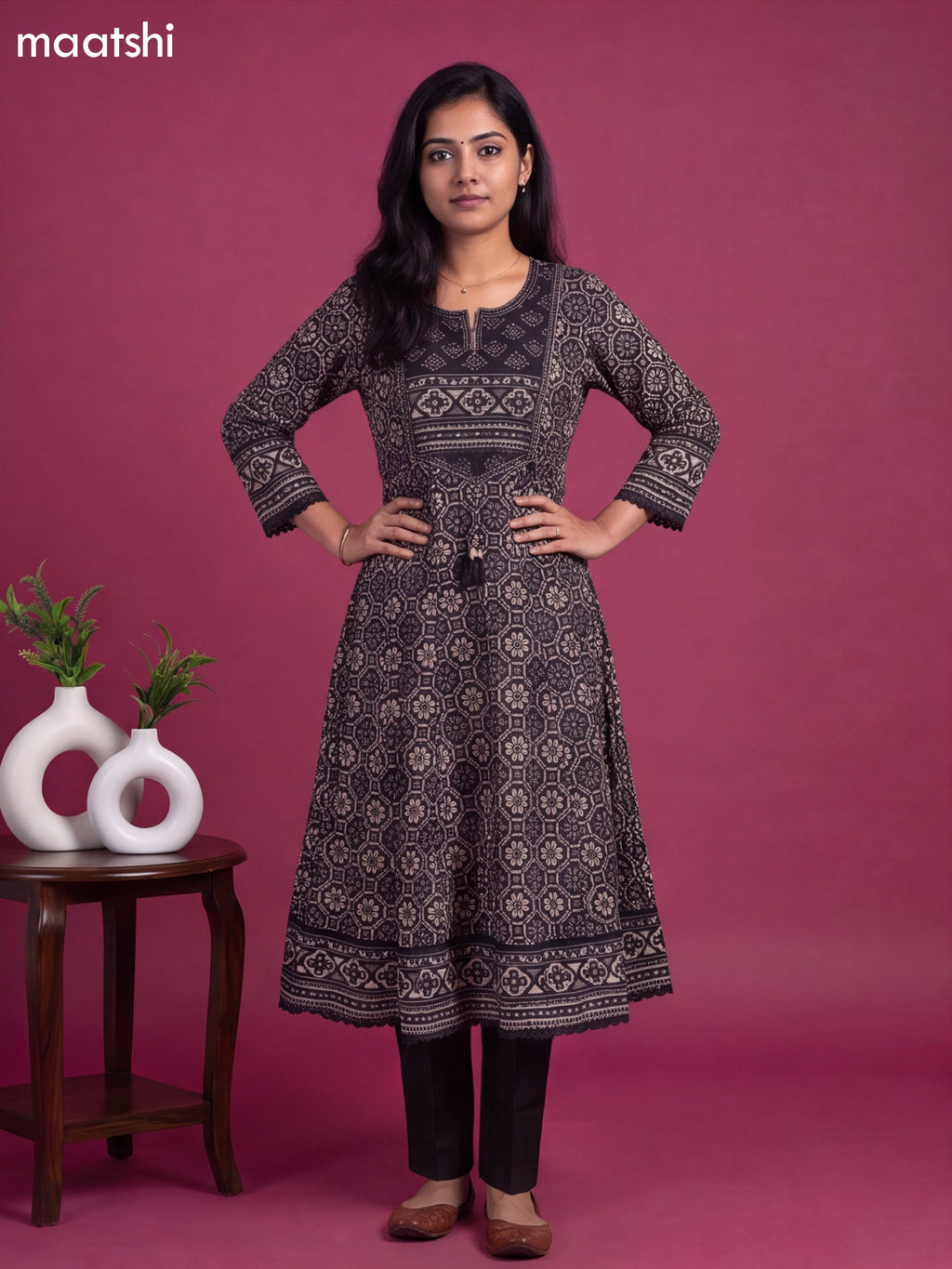 Black Cotton Patola Printed & Simple Embroidery Work Anarkali Suit