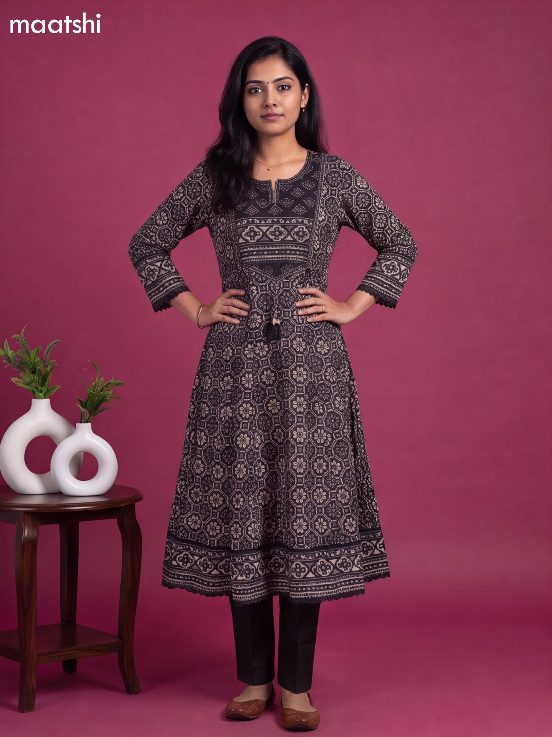 Black Cotton Patola Printed & Simple Embroidery Work Anarkali Suit