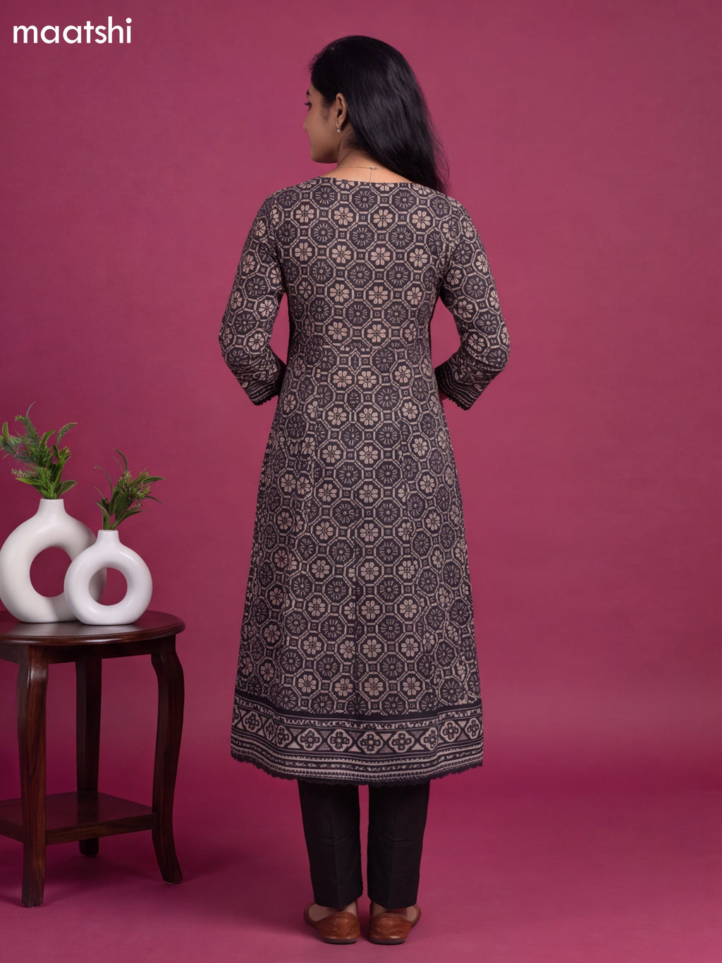 Black Cotton Patola Printed & Simple Embroidery Work Anarkali Suit
