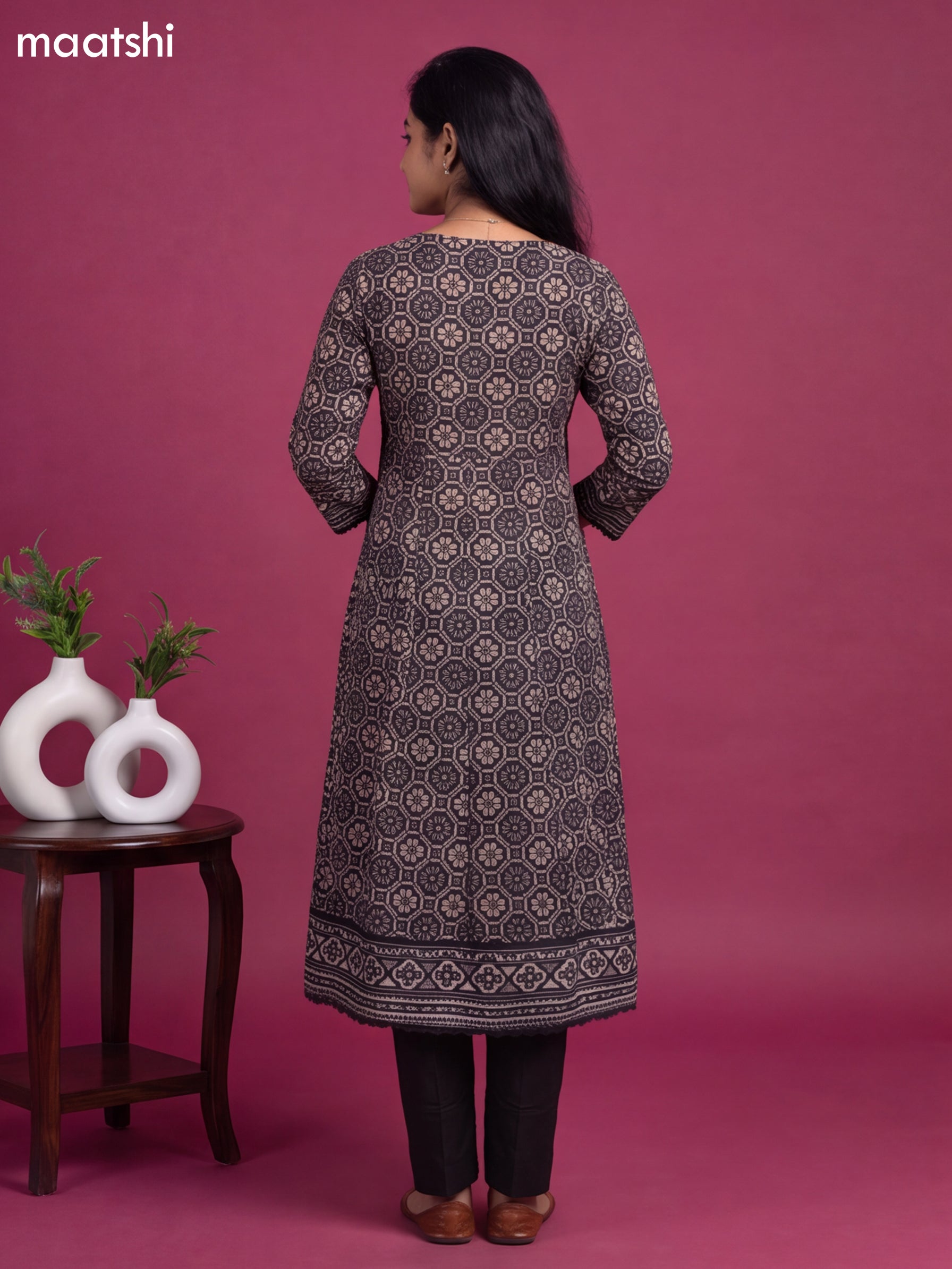 Black Cotton Patola Printed & Simple Embroidery Work Anarkali Suit