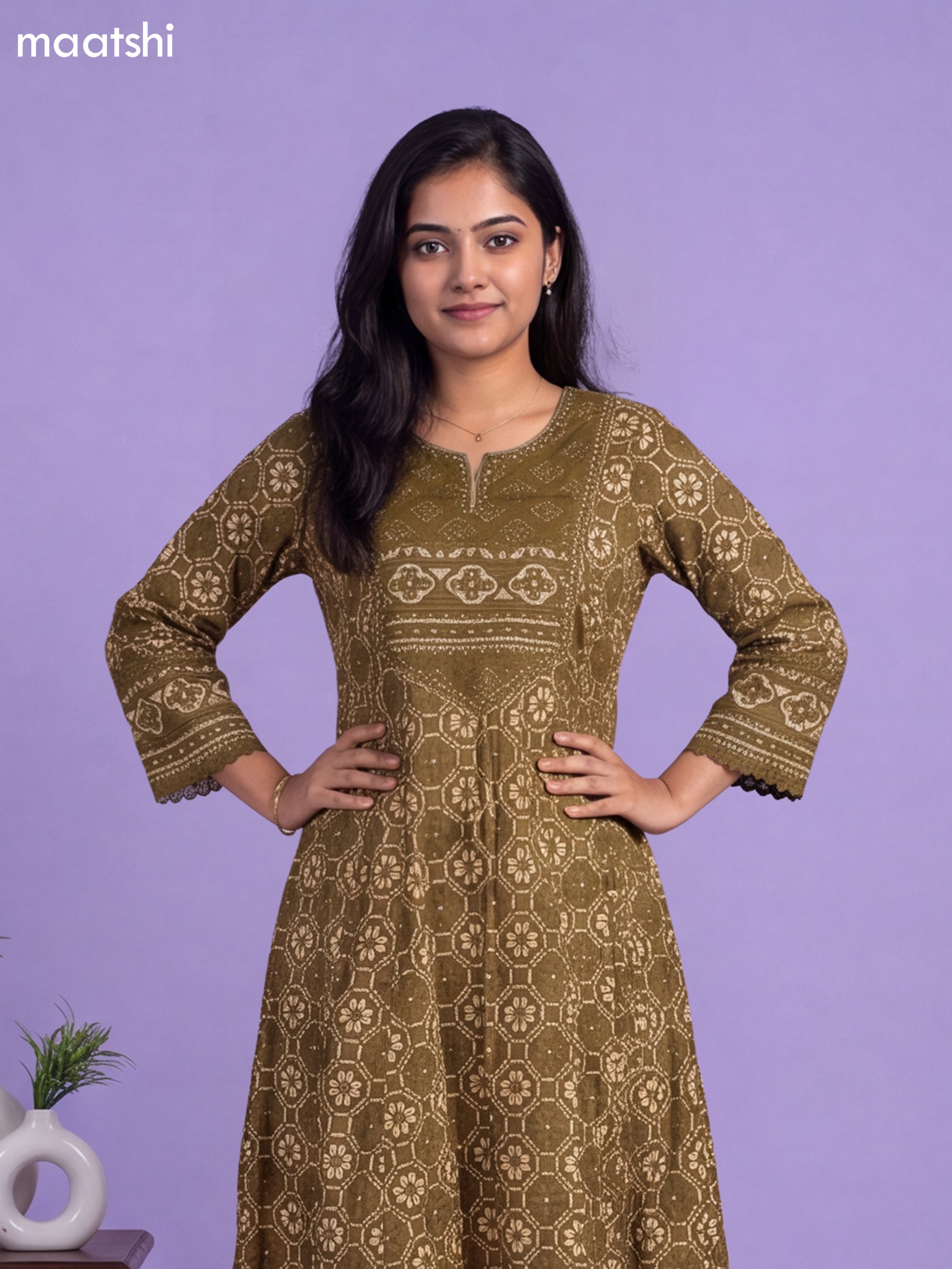 Green Cotton Patola Printed & Simple Embroidery Work Anarkali Suit