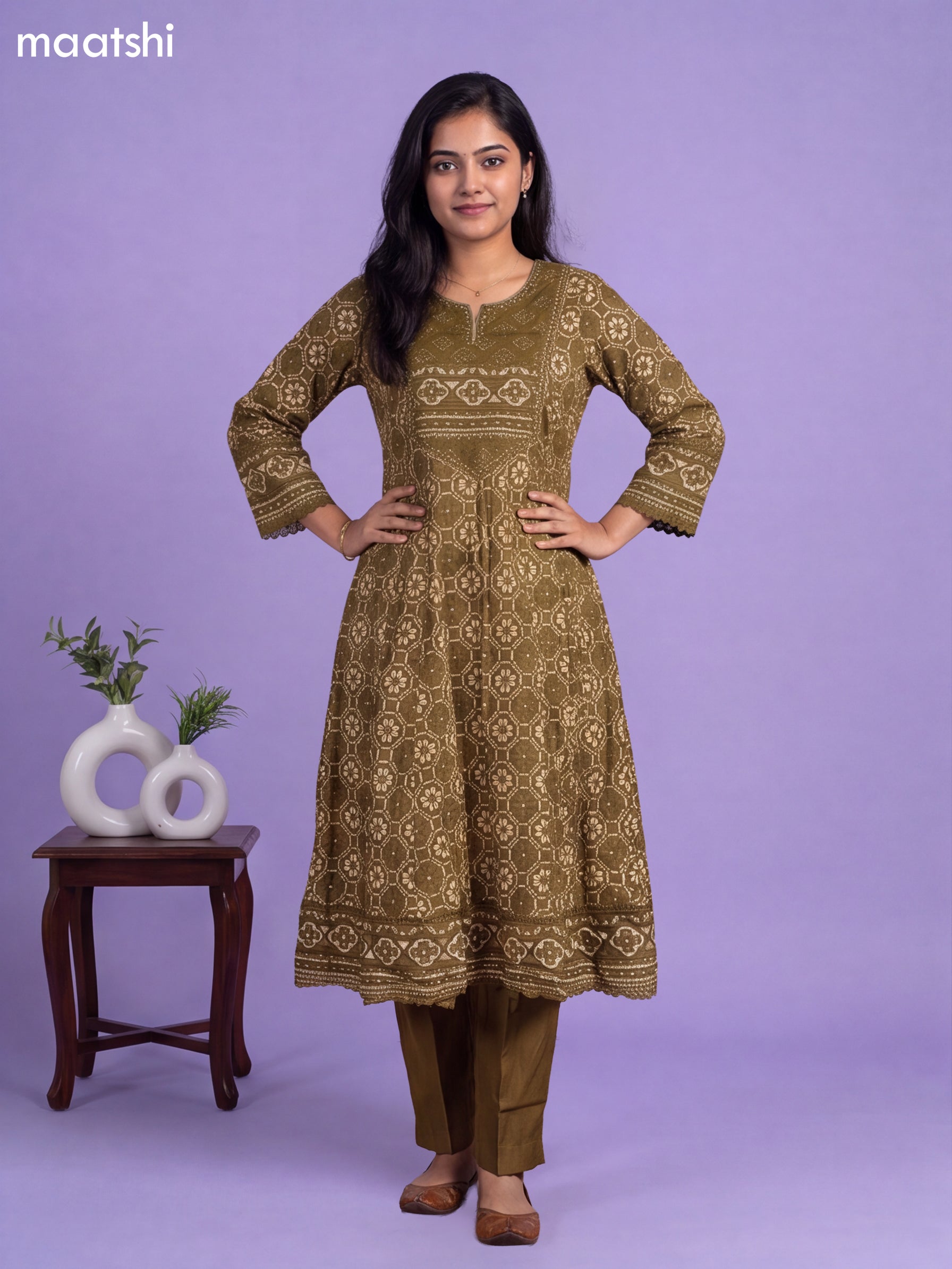 Green Cotton Patola Printed & Simple Embroidery Work Anarkali Suit