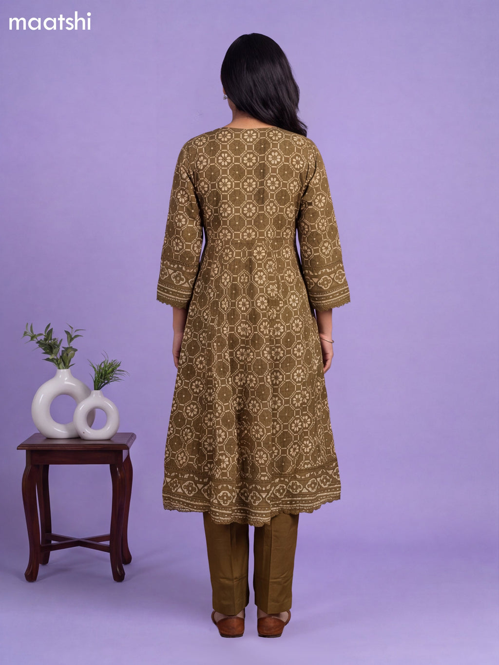 Green Cotton Patola Printed & Simple Embroidery Work Anarkali Suit
