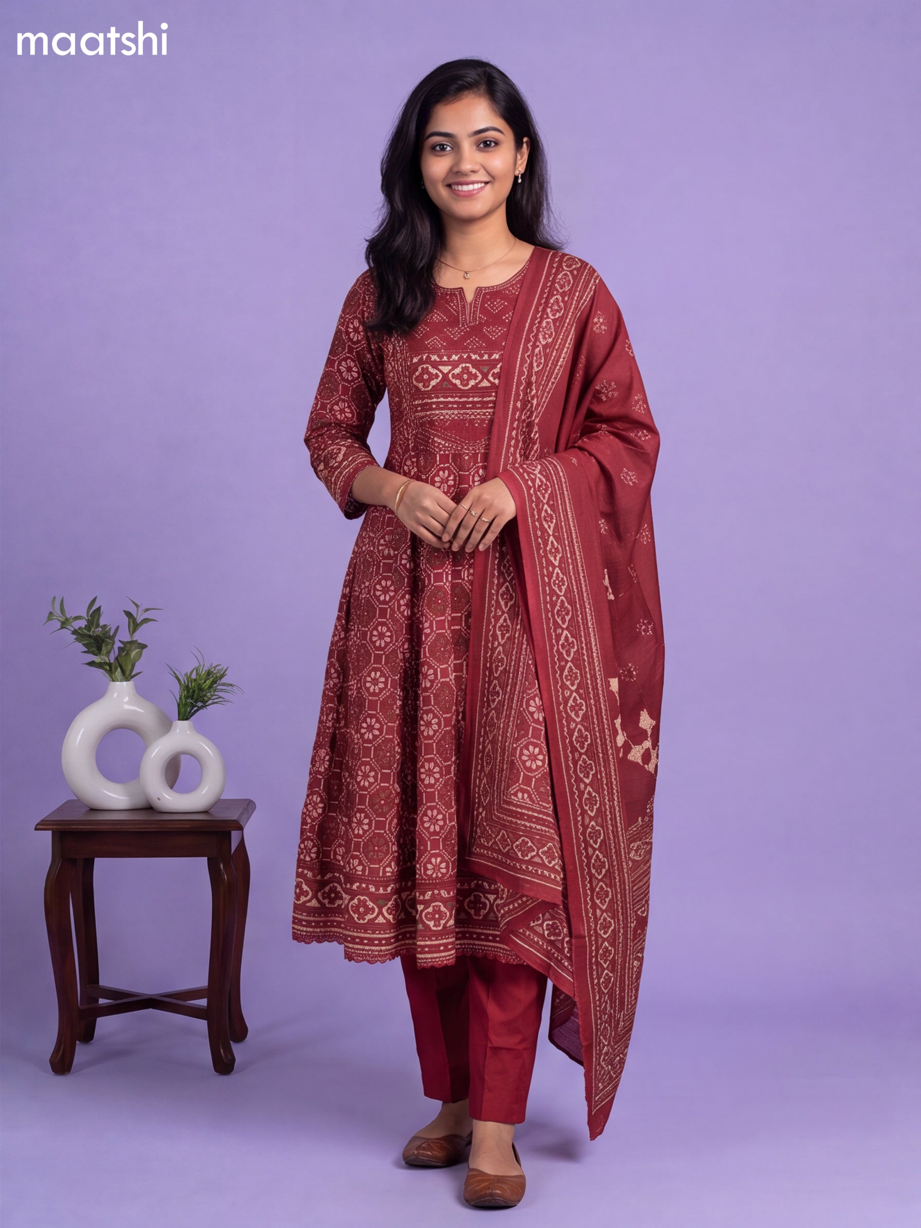 Maroon Cotton Patola Printed & Simple Embroidery Work Anarkali Suit