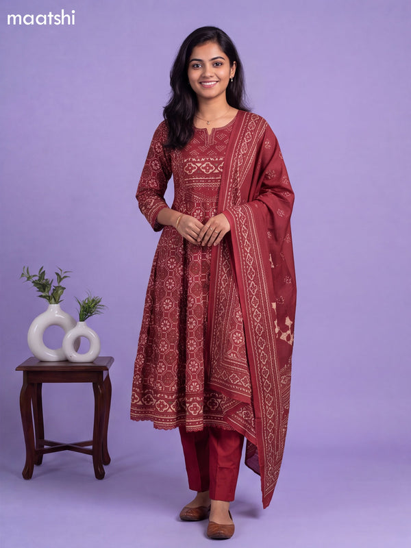Maroon Cotton Patola Printed & Simple Embroidery Work Anarkali Suit