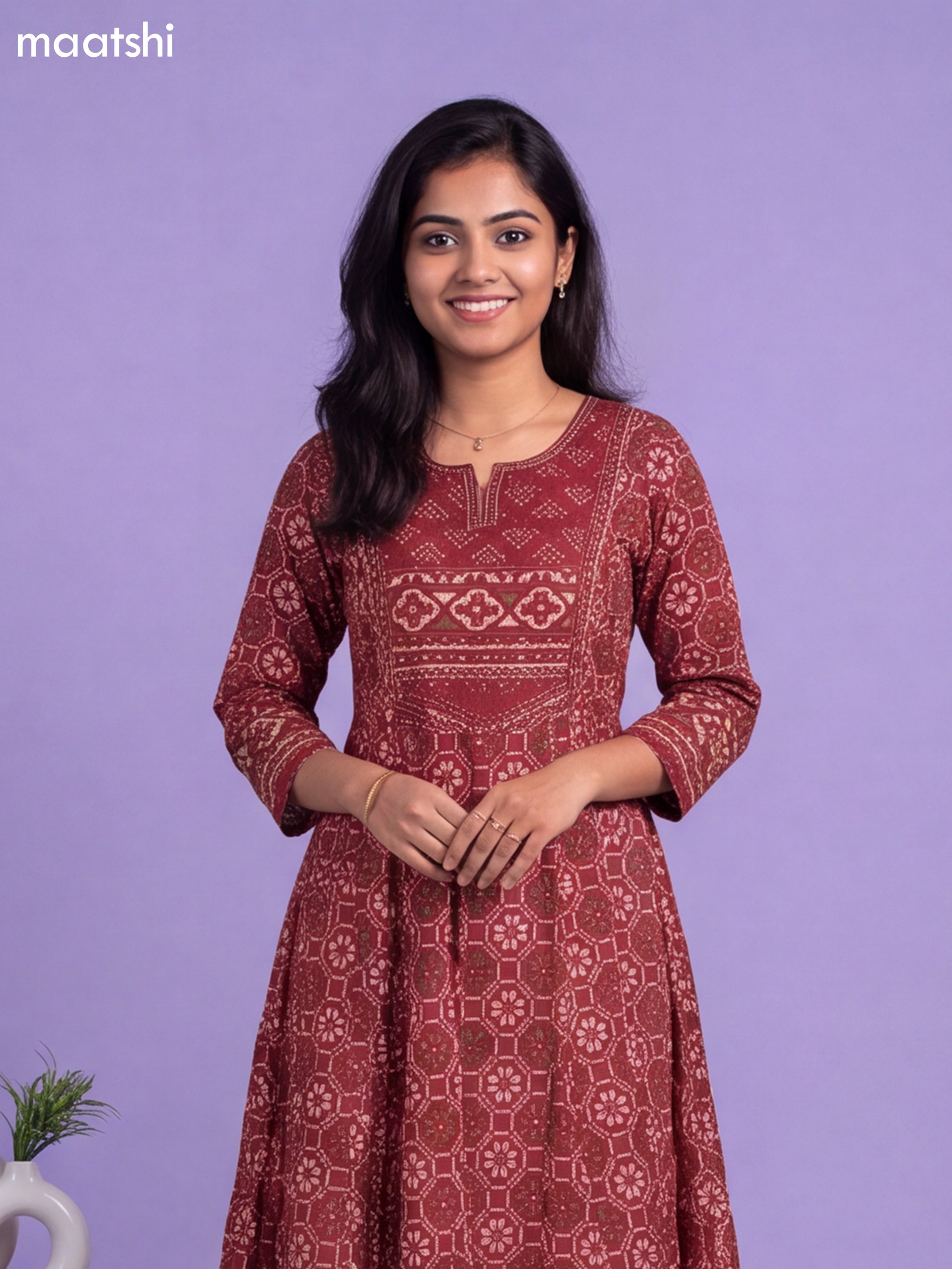 Maroon Cotton Patola Printed & Simple Embroidery Work Anarkali Suit