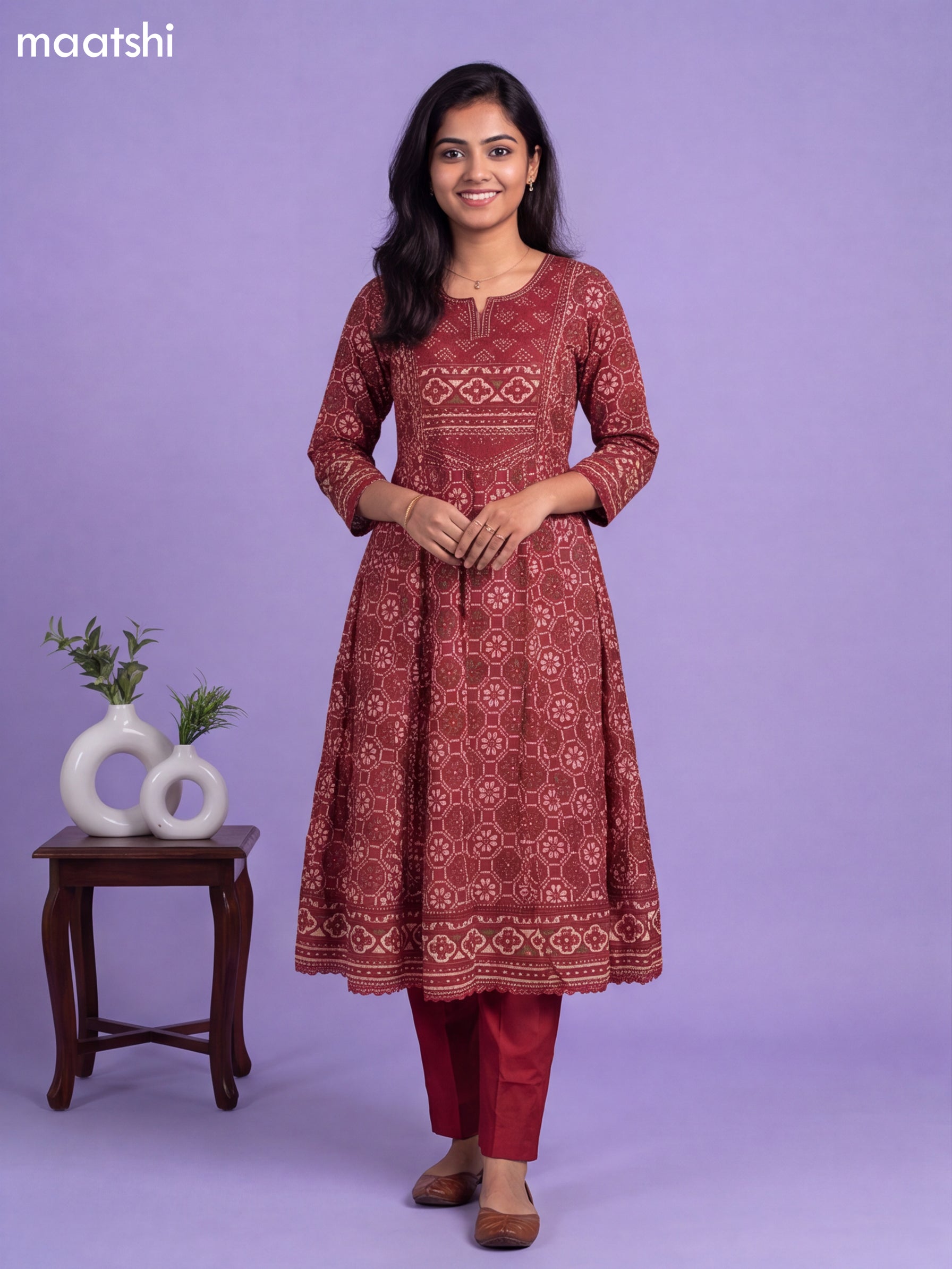 Maroon Cotton Patola Printed & Simple Embroidery Work Anarkali Suit
