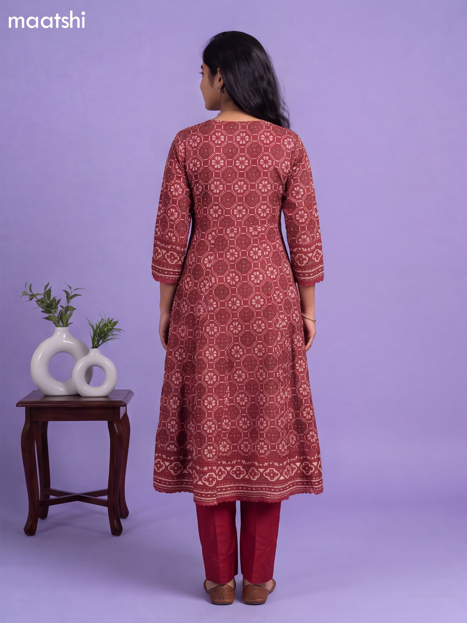 Maroon Cotton Patola Printed & Simple Embroidery Work Anarkali Suit