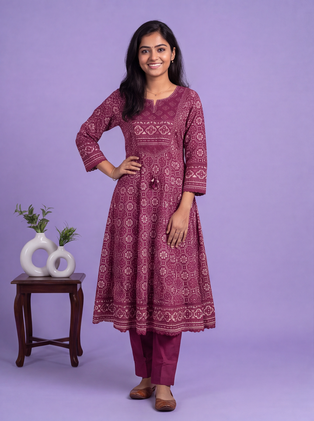 Magenta Pink Cotton Patola Printed & Simple Embroidery Work Anarkali Suit