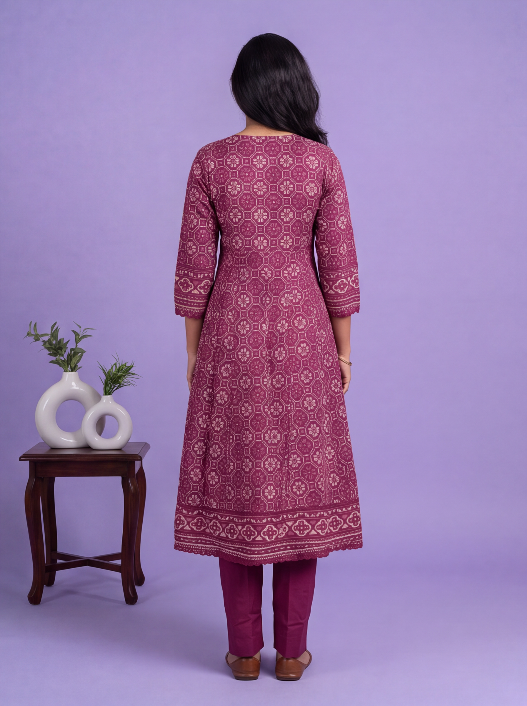 Magenta Pink Cotton Patola Printed & Simple Embroidery Work Anarkali Suit