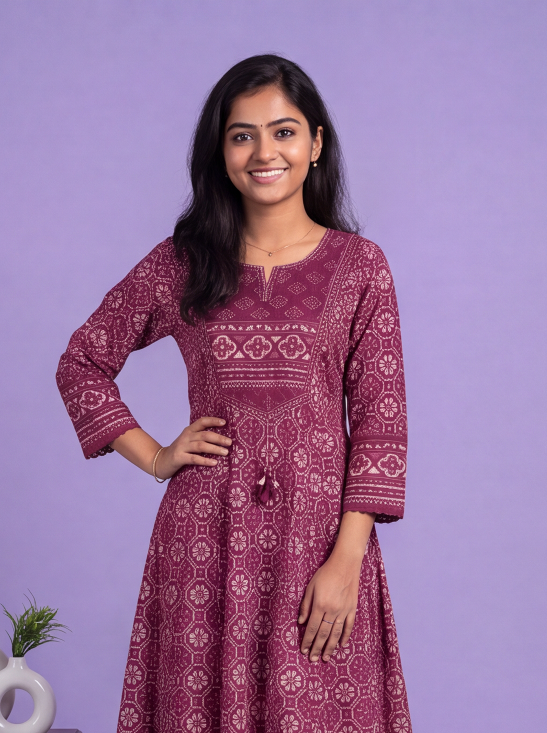 Magenta Pink Cotton Patola Printed & Simple Embroidery Work Anarkali Suit