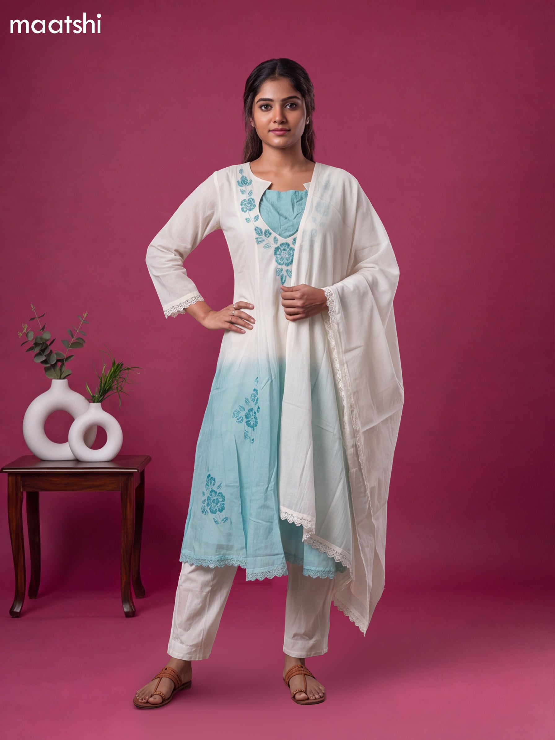 Off White and Teal Blue Cotton Hand Prints & & Simple Embroidery Work Anarkali Suit