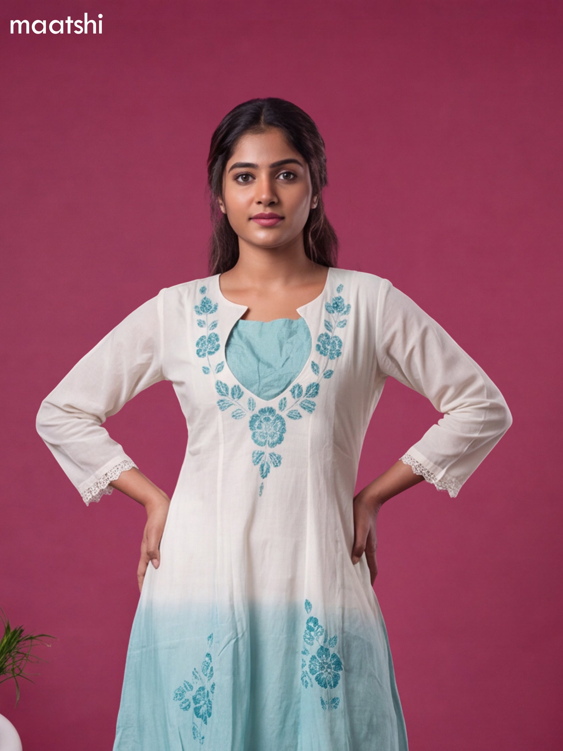 Off White and Teal Blue Cotton Hand Prints & & Simple Embroidery Work Anarkali Suit