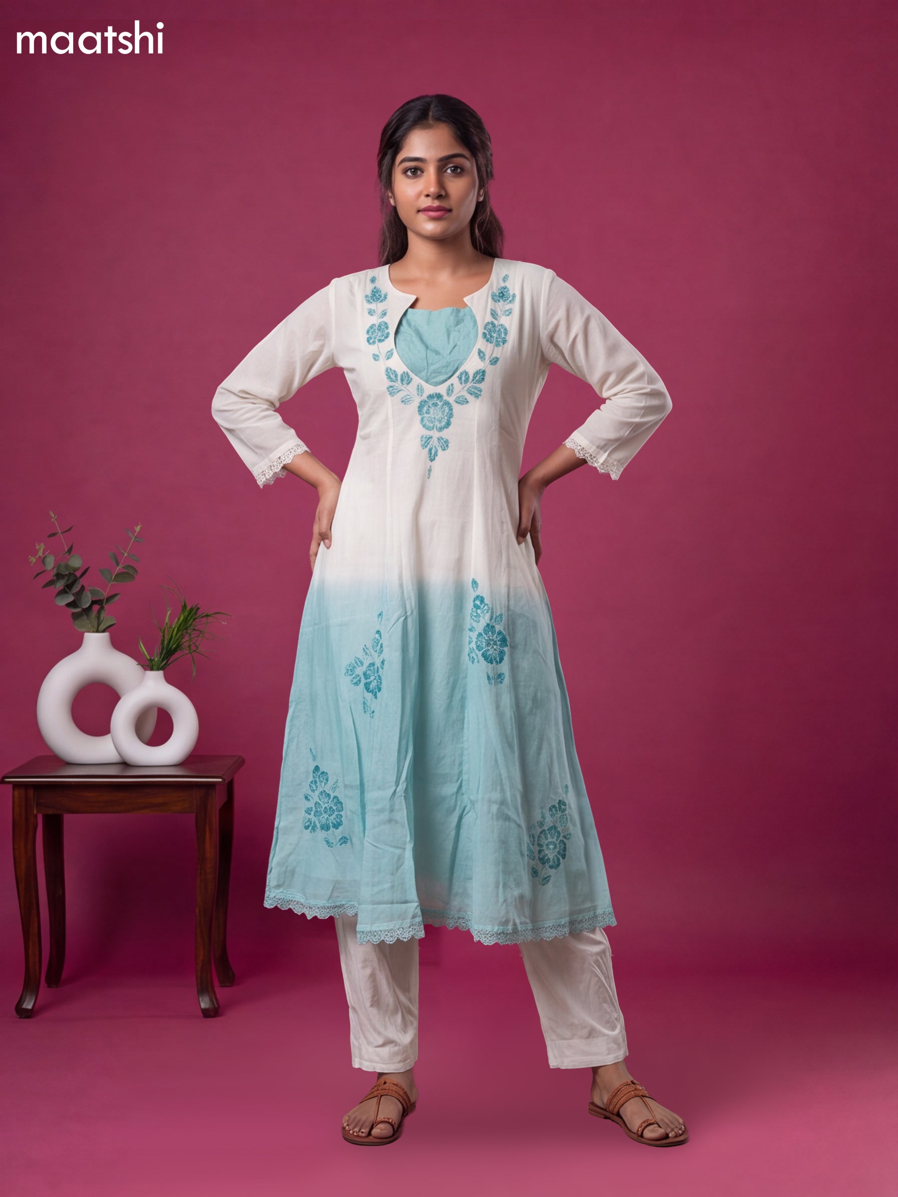 Off White and Teal Blue Cotton Hand Prints & & Simple Embroidery Work Anarkali Suit