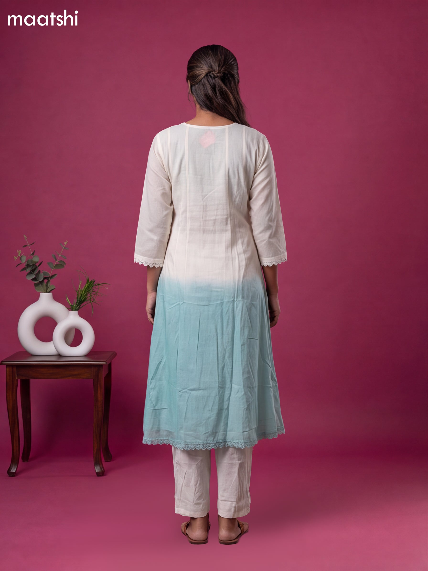 Off White and Teal Blue Cotton Hand Prints & & Simple Embroidery Work Anarkali Suit