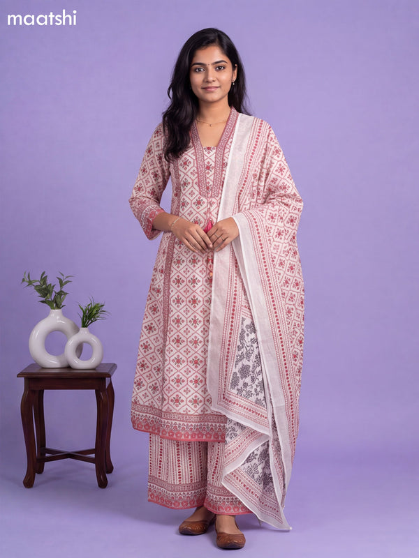 Off White and Maroon Cotton Printed & Simple Embroidery Work A-Line Suit