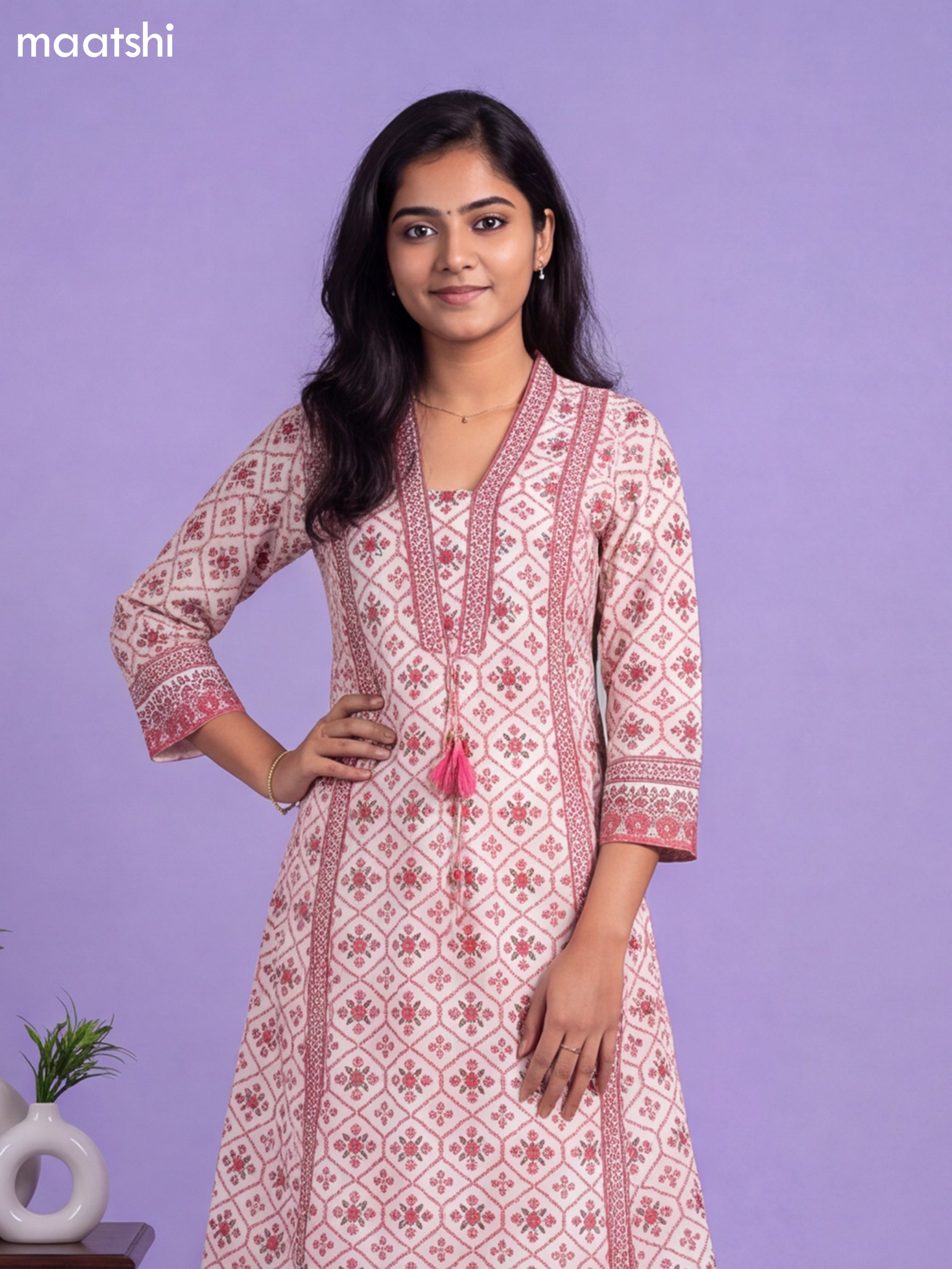 Off White and Maroon Cotton Printed & Simple Embroidery Work A-Line Suit