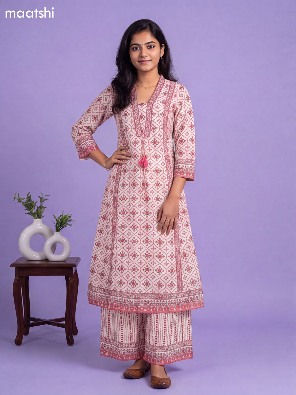 Off White and Maroon Cotton Printed & Simple Embroidery Work A-Line Suit