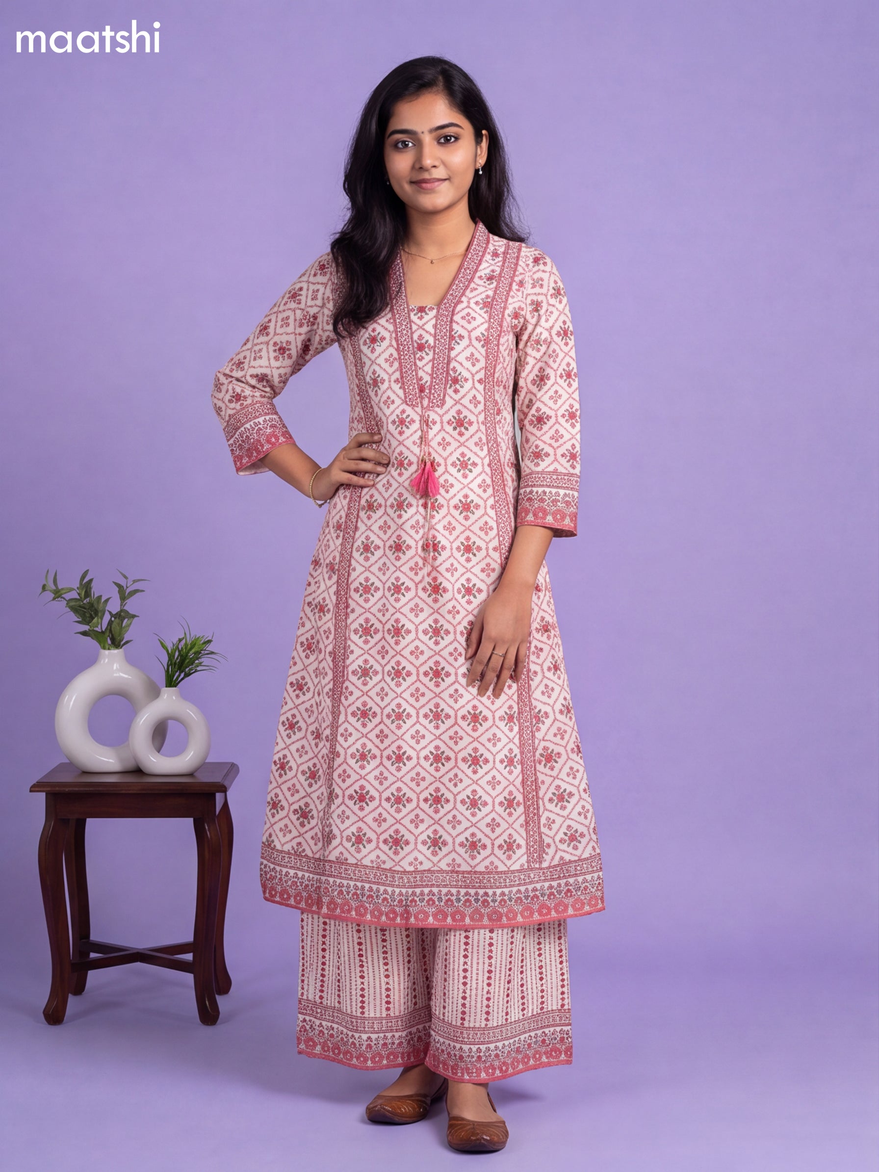 Off White and Maroon Cotton Printed & Simple Embroidery Work A-Line Suit